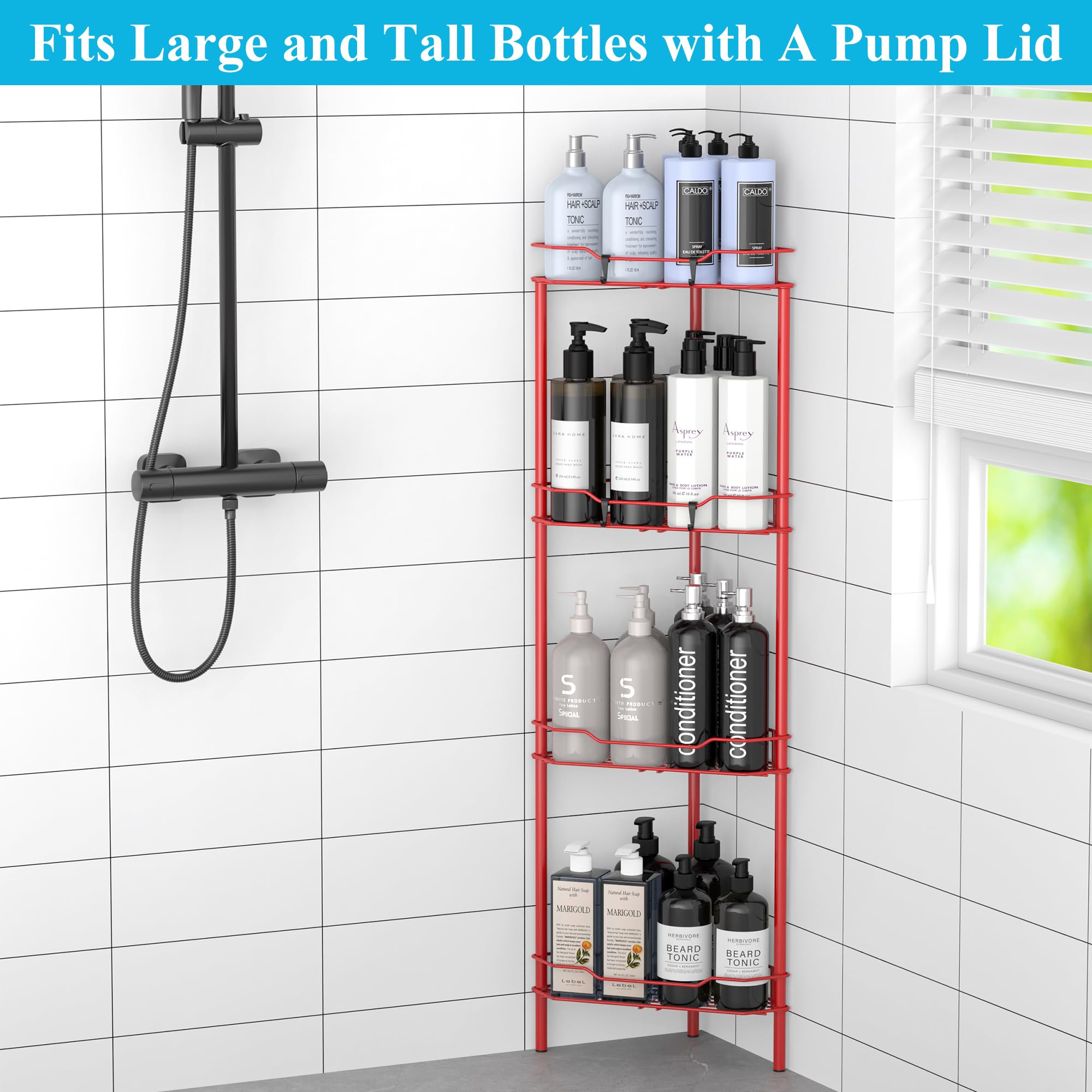 Huggiegems 4 Tier Floor Standing Corner Shower Caddy Organizer Shelf With Hooks, Bathroom Shelves Stand Rack, Red