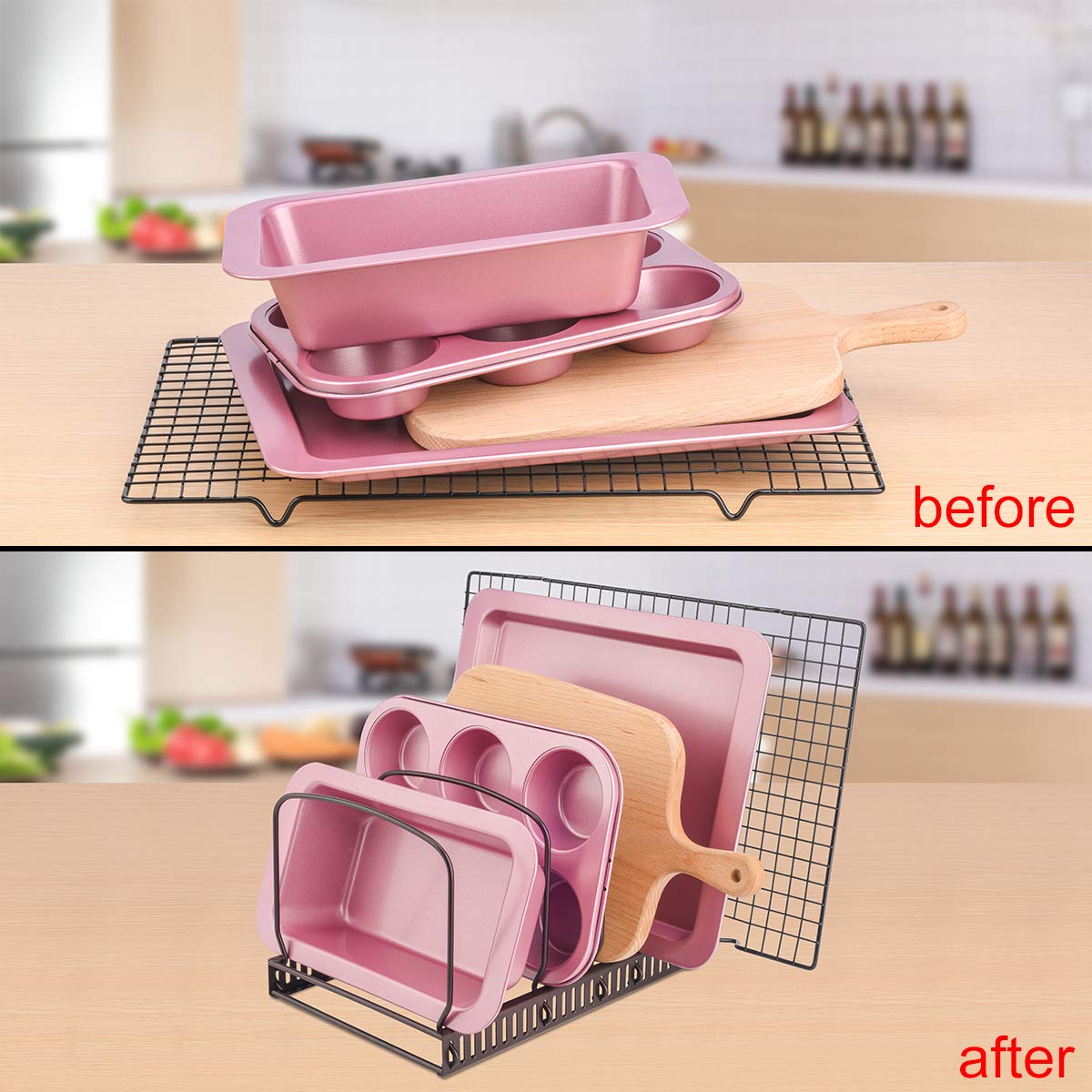 Toplife 10+ Bakeware Organizer Rack For Kitchen Bakeware, Cookware, Dinnerware, Cutting Boards, Plates, Pot And Pan Lids (Brown)