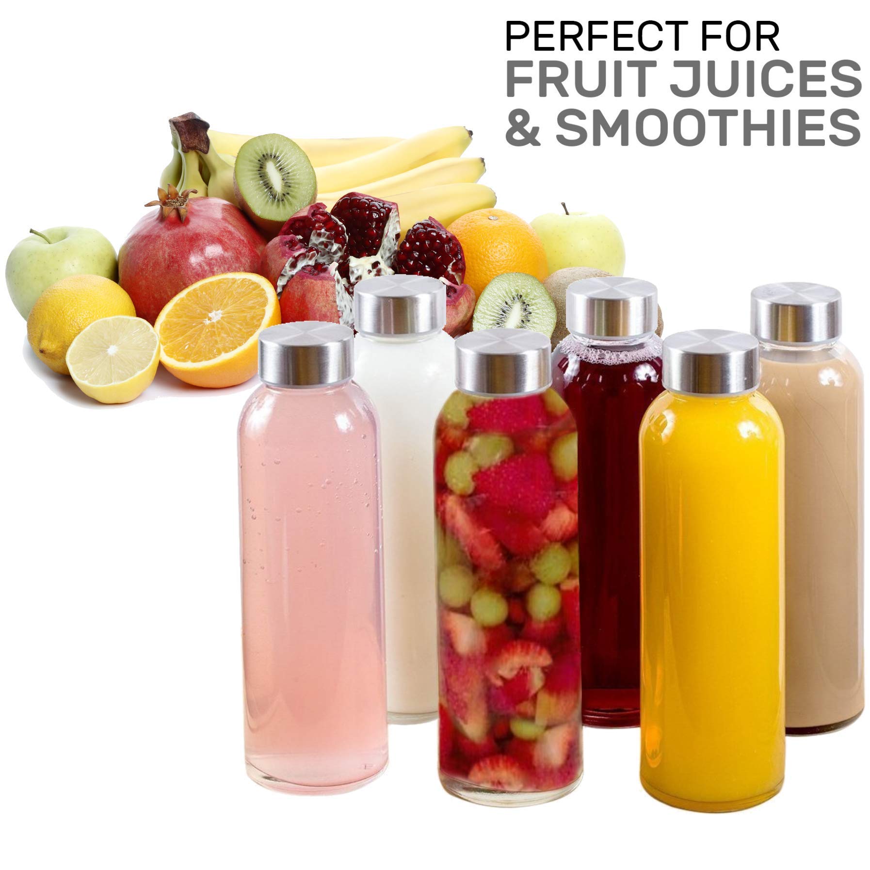 Brieftons Borosilicate Glass Water Bottles With Caps: Clear, 6 Pack, 18 Oz, Heat Resistant, Slim, Easy To Store, Leakproof Lids,