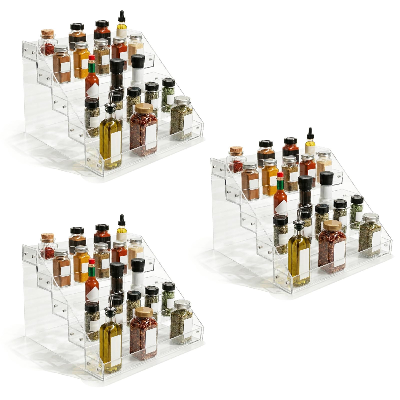 ENIPEDITA 3 Pcs Acrylic Tiered Spice Rack Organizer, 12.2 x 10.6 x 7.8 In Clear Tiered Pantry Shelves, 5 Tier Vertical Seasoning
