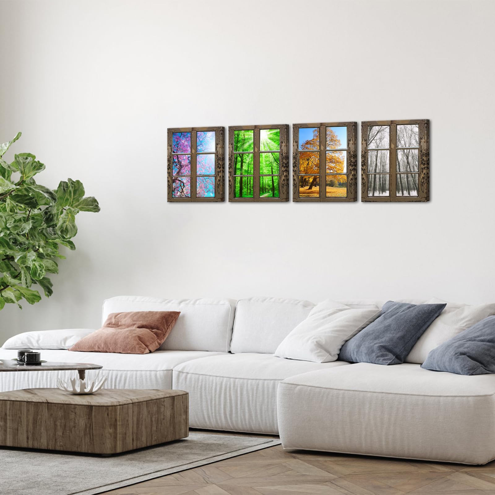 Ihappywall 4 Seasons Modern Landscape Window Frame Style Wall Decor Spring Summer Autumn Winter Season Changes Forest With Sunsh