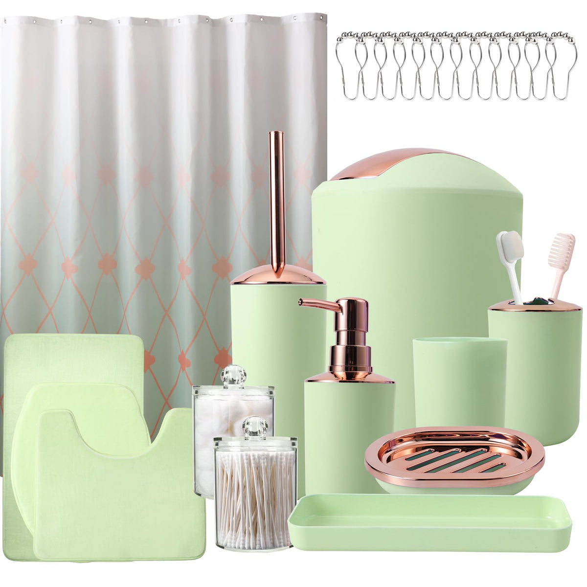 Bssn 25Pcs Green Bathroom Set With Shower Curtain And Rugs - Complete Accessories Trash Can, Soap Dispenser, Soap Dish, Toilet B