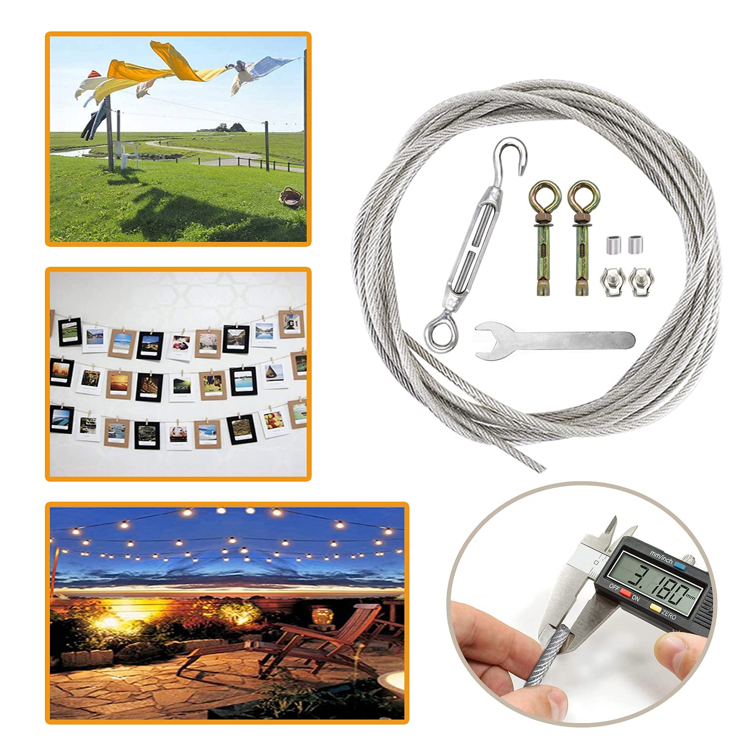 Mhy 16Ft Clotheslines,Outdoors 304 Stainless Steel Clothes Line,Heavy Duty Cable Wire Rope String With Retractable System,Windpr