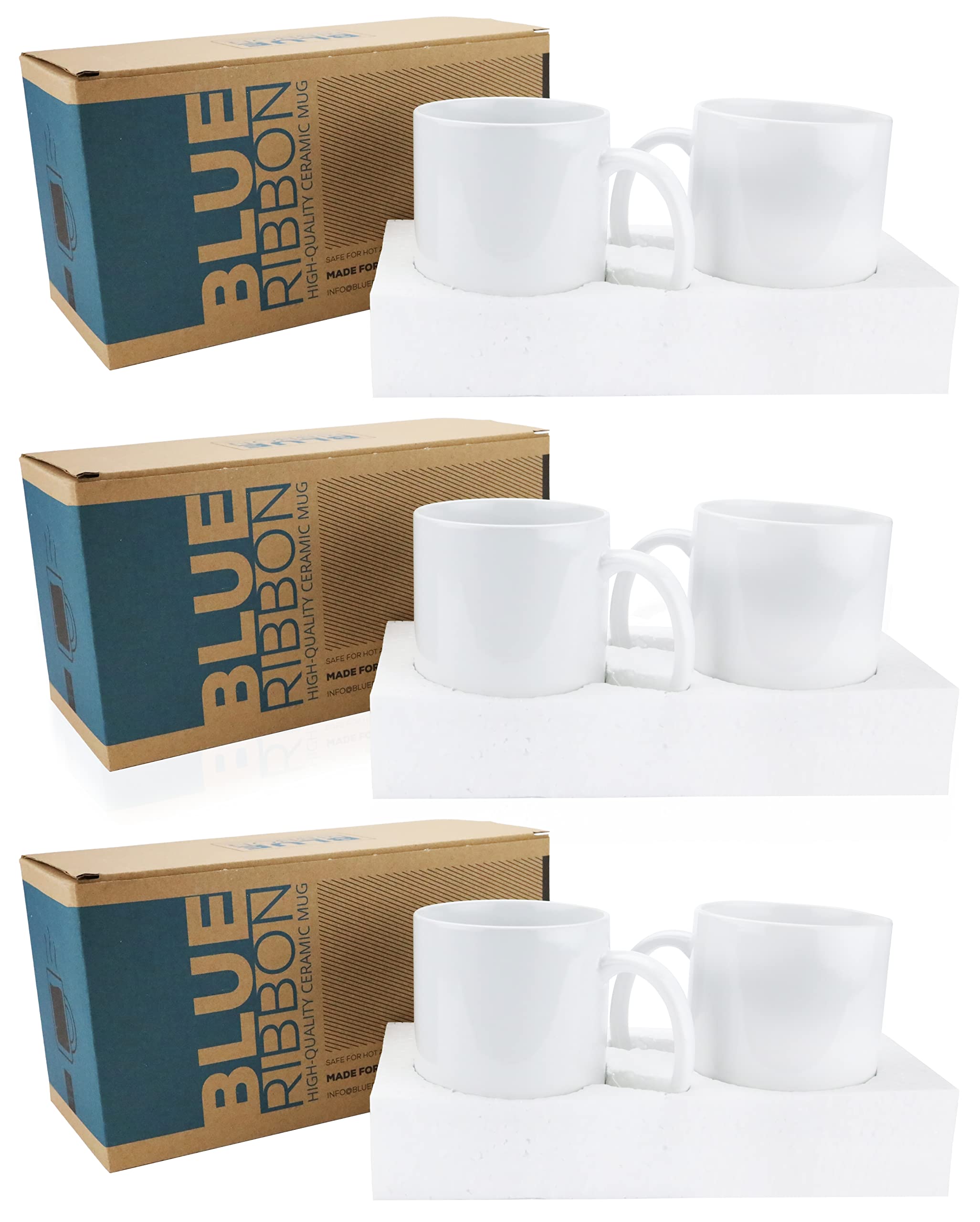BLUE RIBBON White Sublimation Plain Blank Coffee Mug Made of Ceramic - Comes with Gift Box and Foam Supports - PACK OF 6 (11 oz)
