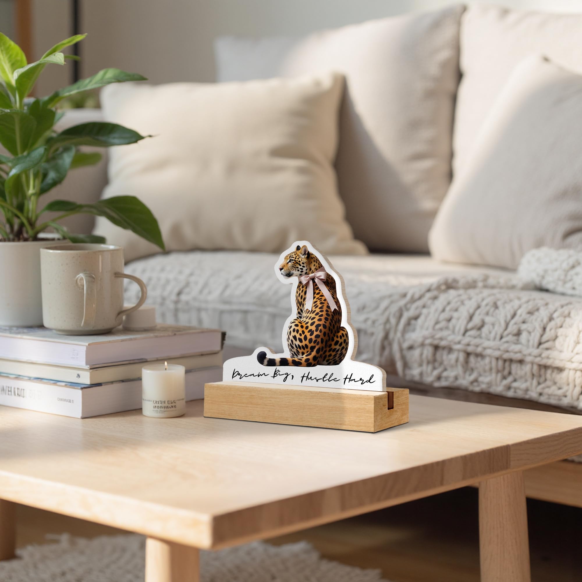 GTYNU Trendy Cheetah Desk Decor Sign, Funky Leopard with Coquette Bow Shaped Wood Sign Plaque with Wooden Stand for Home Office