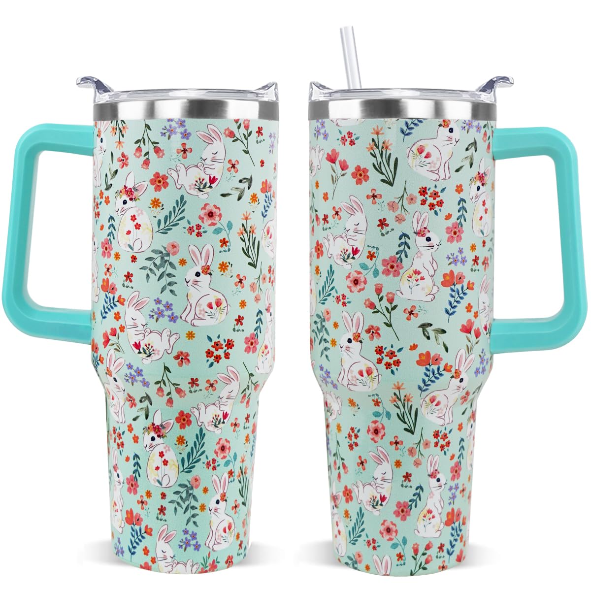 Rcvlauf Easter Tumbler 40oz Bunny Floral Coffee Mugs Cute Spring Peeps Leak Proof Cups with Handle and Straw Stainless Steel Vac