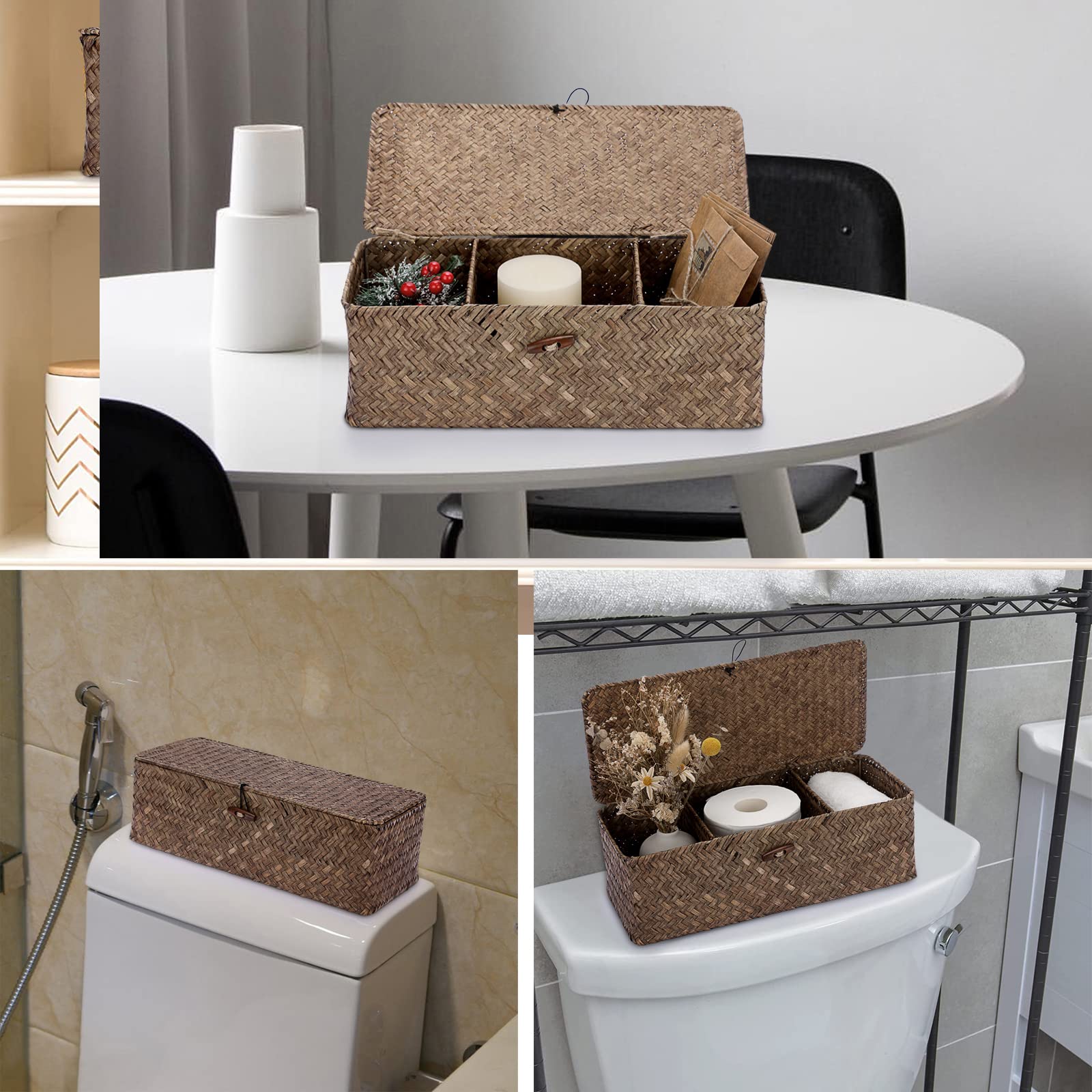 Hipiwe Storage Basket With Lid 3 Compartment Toilet Tank Toilet Paper Basket Holder Handwoven Wicker Basket Home Organizer Bin F