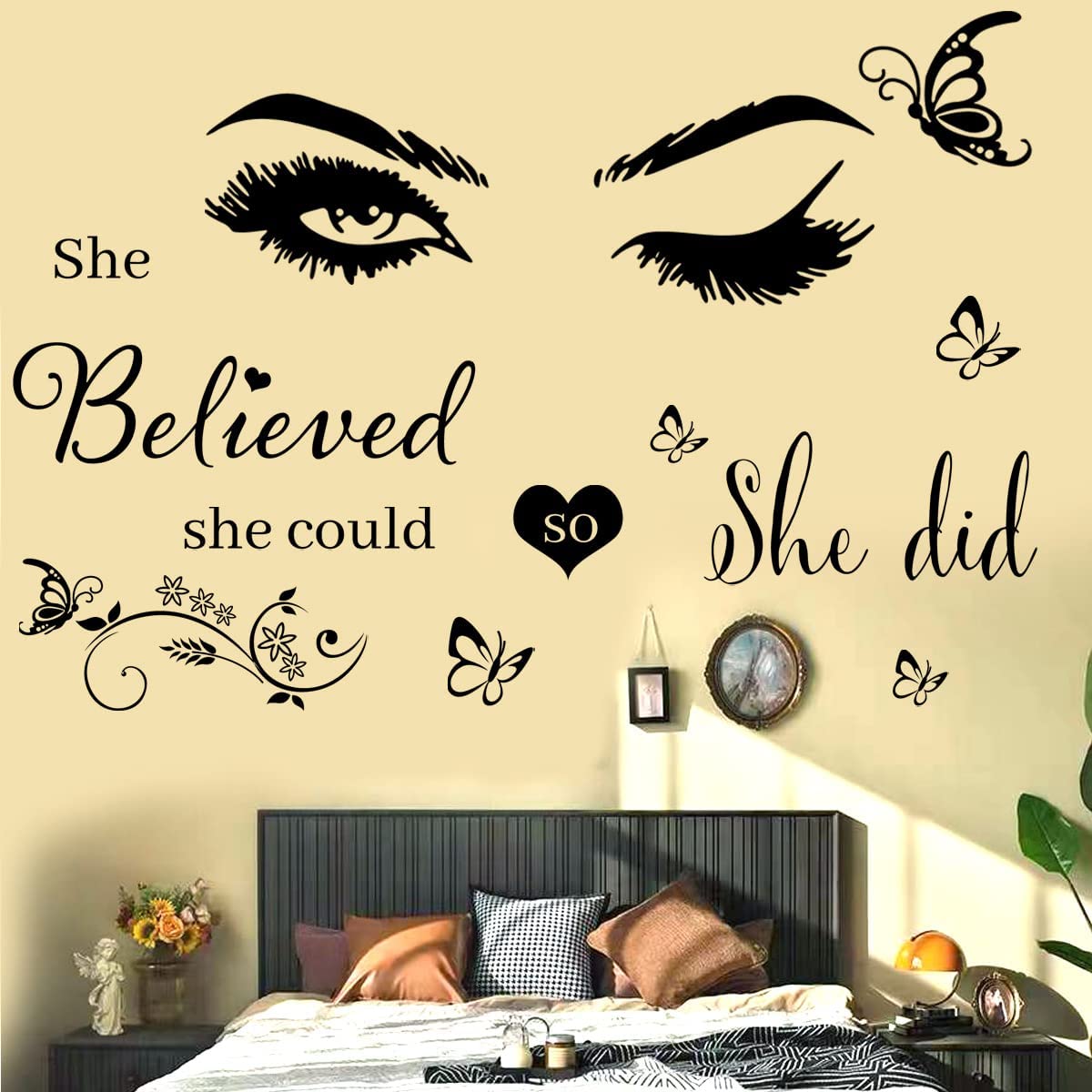 Wall Sticker Saying Vinyl Wall Decals Eyelash Eyes Inspirational Quotes She Believed She Could So She Did Wall Decal Butterfly Wall Stickers for Bedroom Living Room Classroom Office Girl Room Home Decor.
