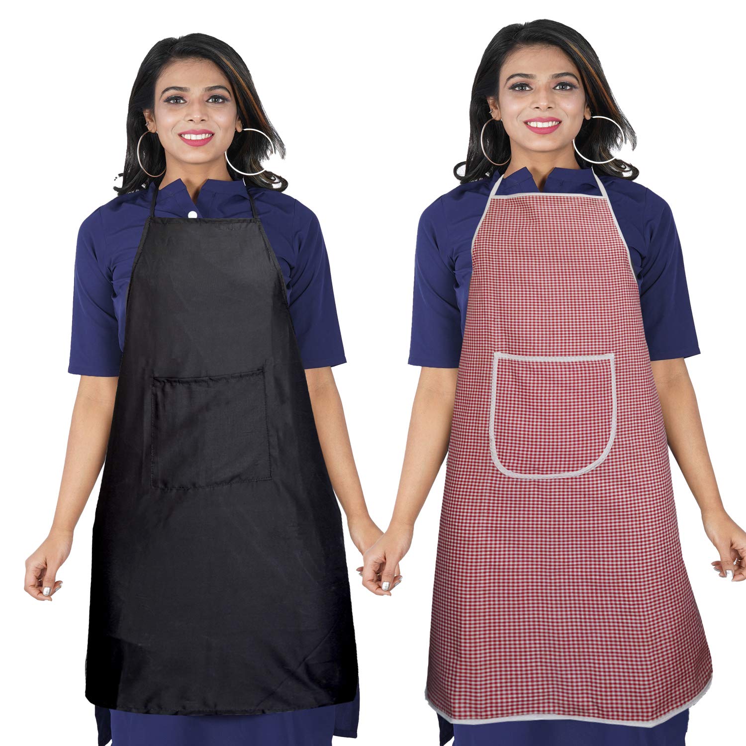 Kanushi Industries Apron For Kitchen Waterproof With Front Pocket Set Of 2 (Varaprn1Plainblack+1Sclred)