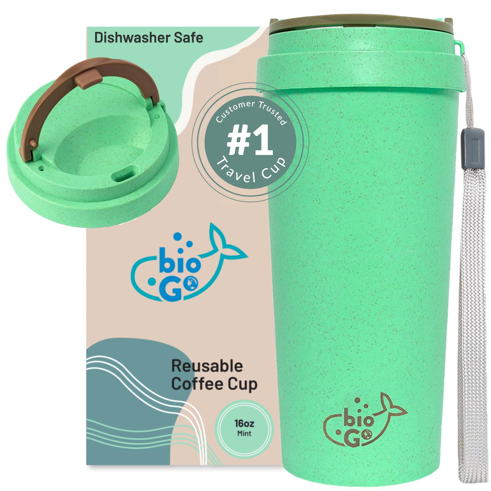 bioGo 16oz Cup, Rice Husk Fibre, BPA-Free, Double Wall Insulation Reusable Coffee Cups, On-The-Go Travel Mug, Screw Tight Lid, T