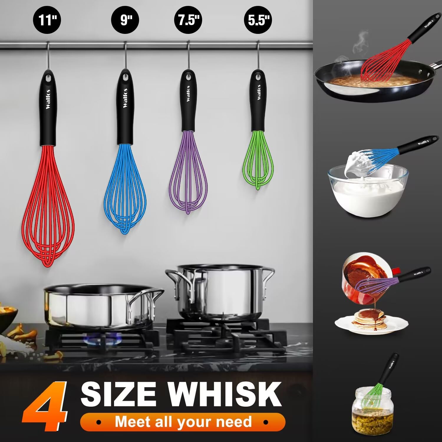 Walfos Whisk, Silicone Whisk Heat Resistant (480F) Kitchen Whisks Set Of 4- Professional Whisks For Cooking Non Scratch, Balloon