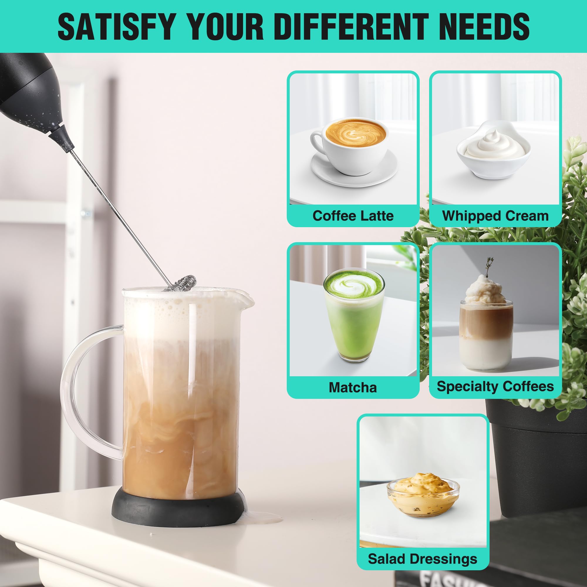 Haushof Powerful Rechargeable Milk Frother, Handheld Usb Type-C Electric Foam Maker For Coffee Latte, Cappuccino, Mocha, Macchia