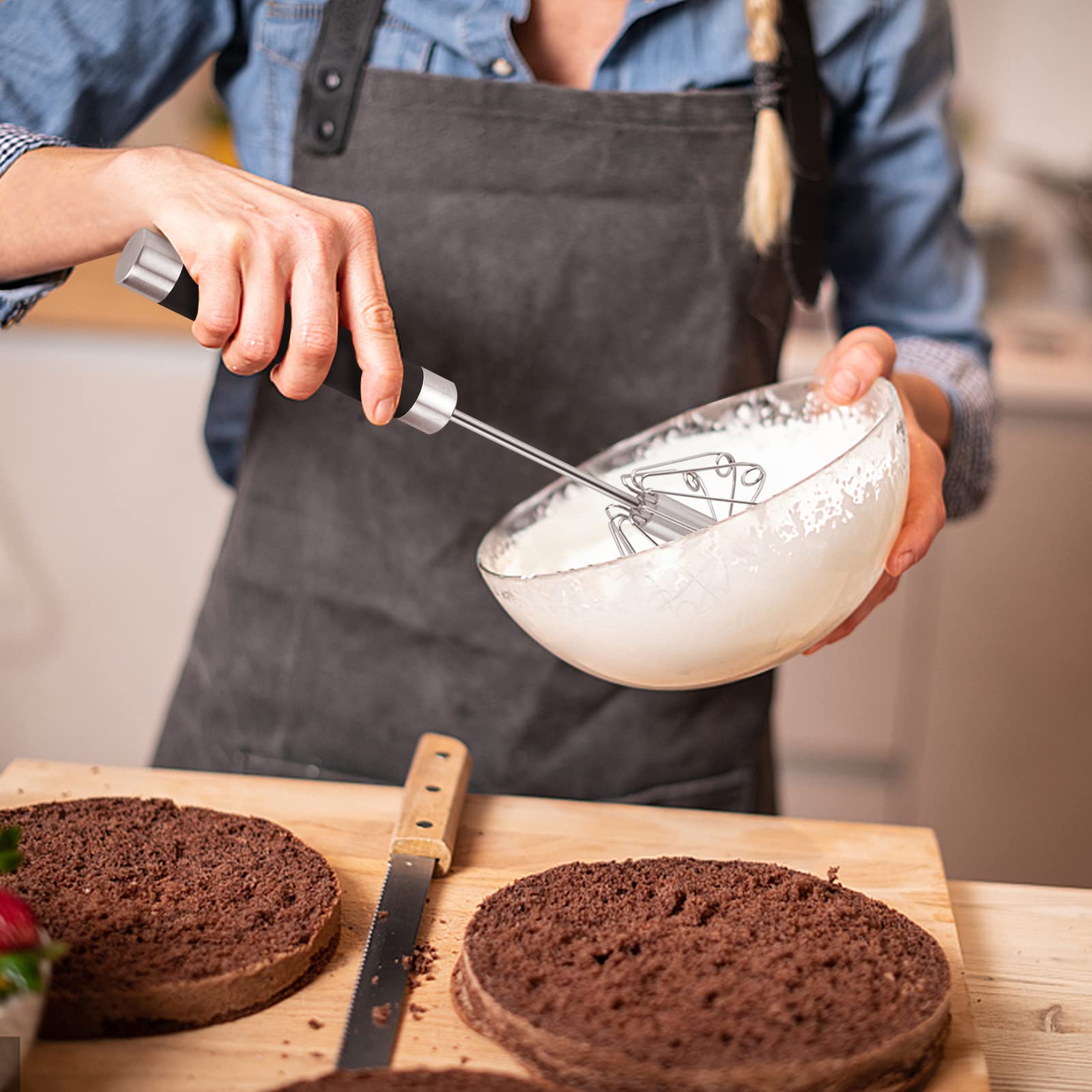 Manual Whisk Egg Beater, Stainless Steel Anti Rust Hand Push Egg Beater Manual Blender Rotatable Egg Beater Whisk Hand Semi Auto