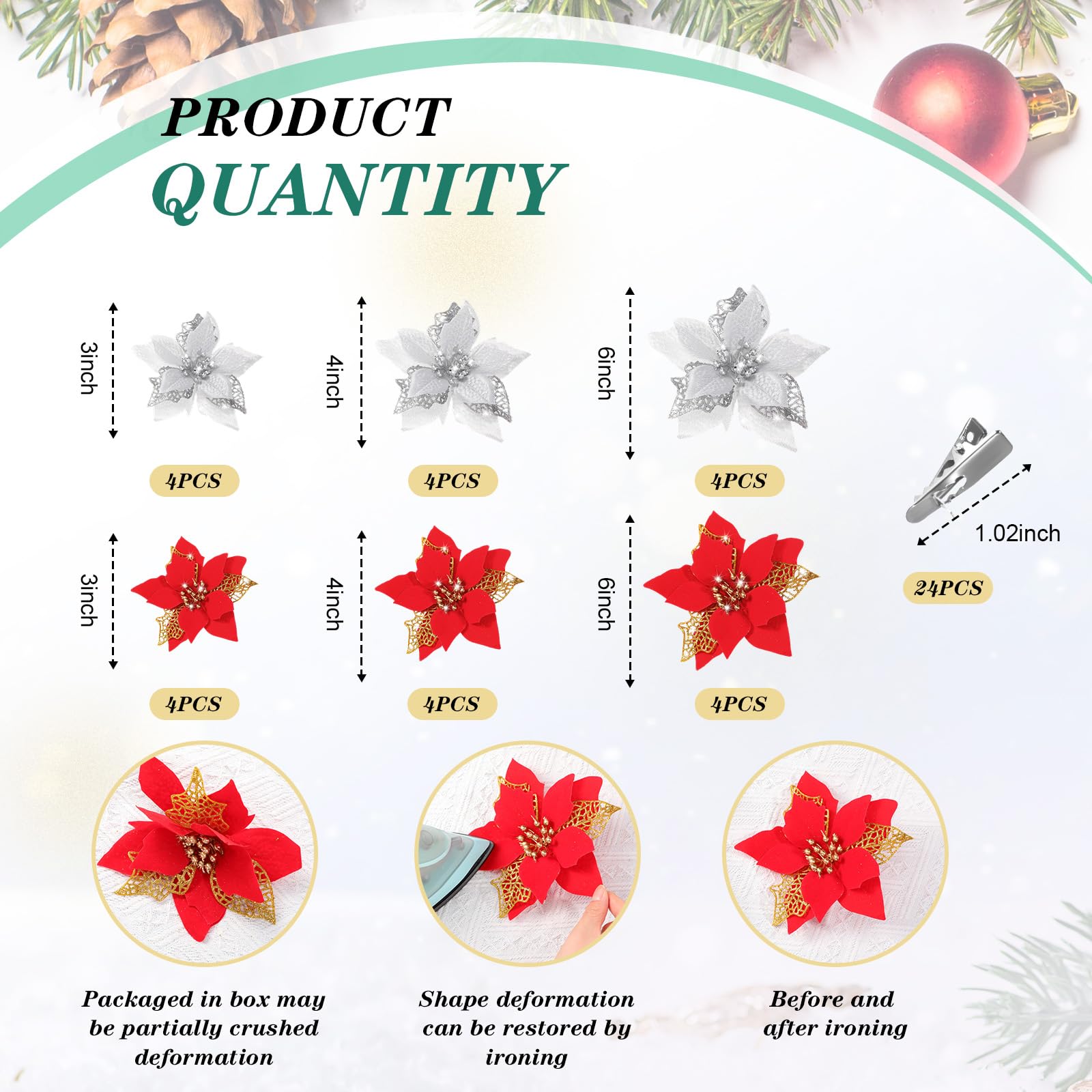 Boao 24 Pieces Christmas Artificial Glitter Poinsettia Flowers Xmas Flowers Wedding Christmas Tree New Year Ornaments(Red and Si