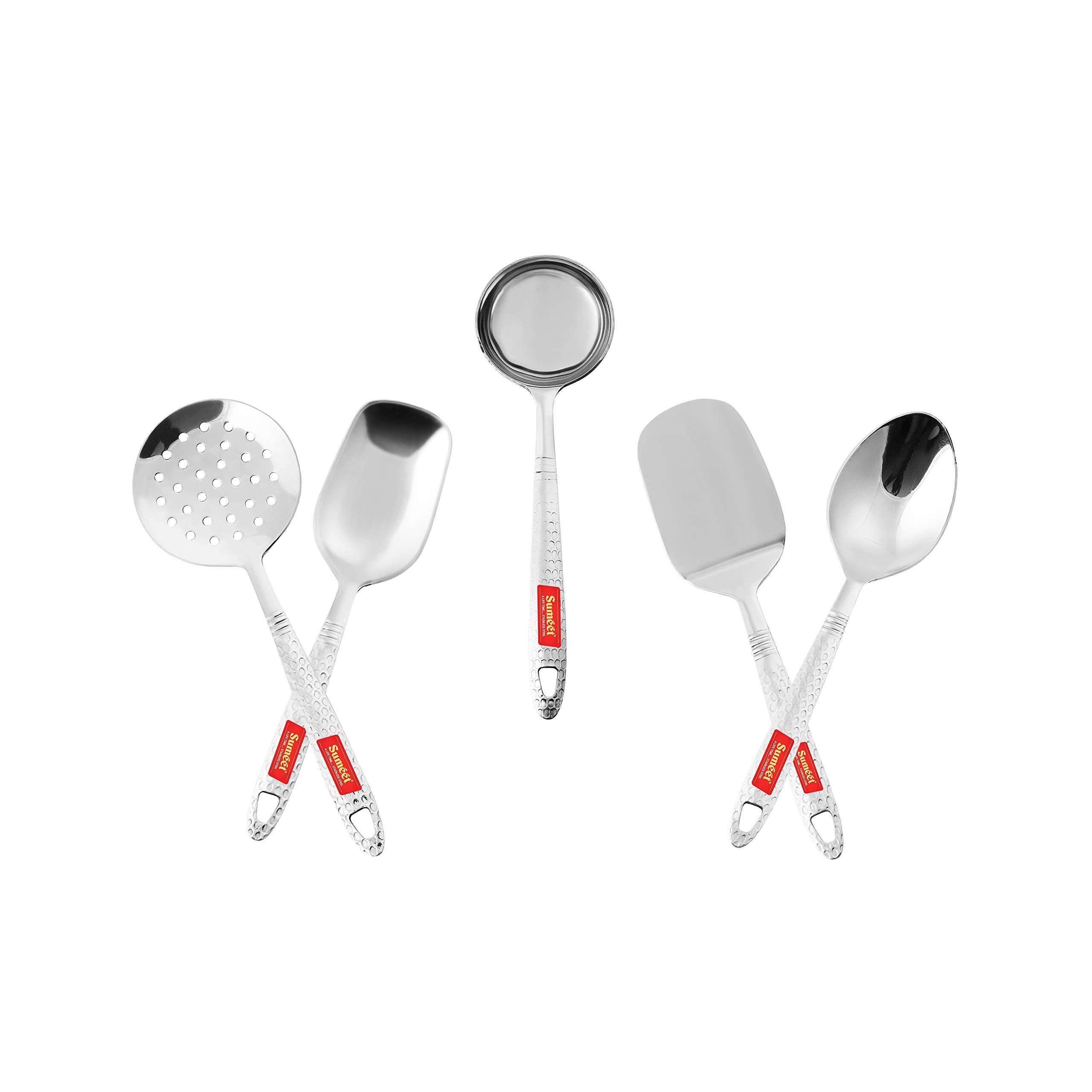 Sumeet Stainless Steel Small Serving And Cooking Spoon Set Of 5Pc (1 Turner, 1 Serving Spoon, 1 Skimmer, 1 Basting Spoon, 1 Ladl