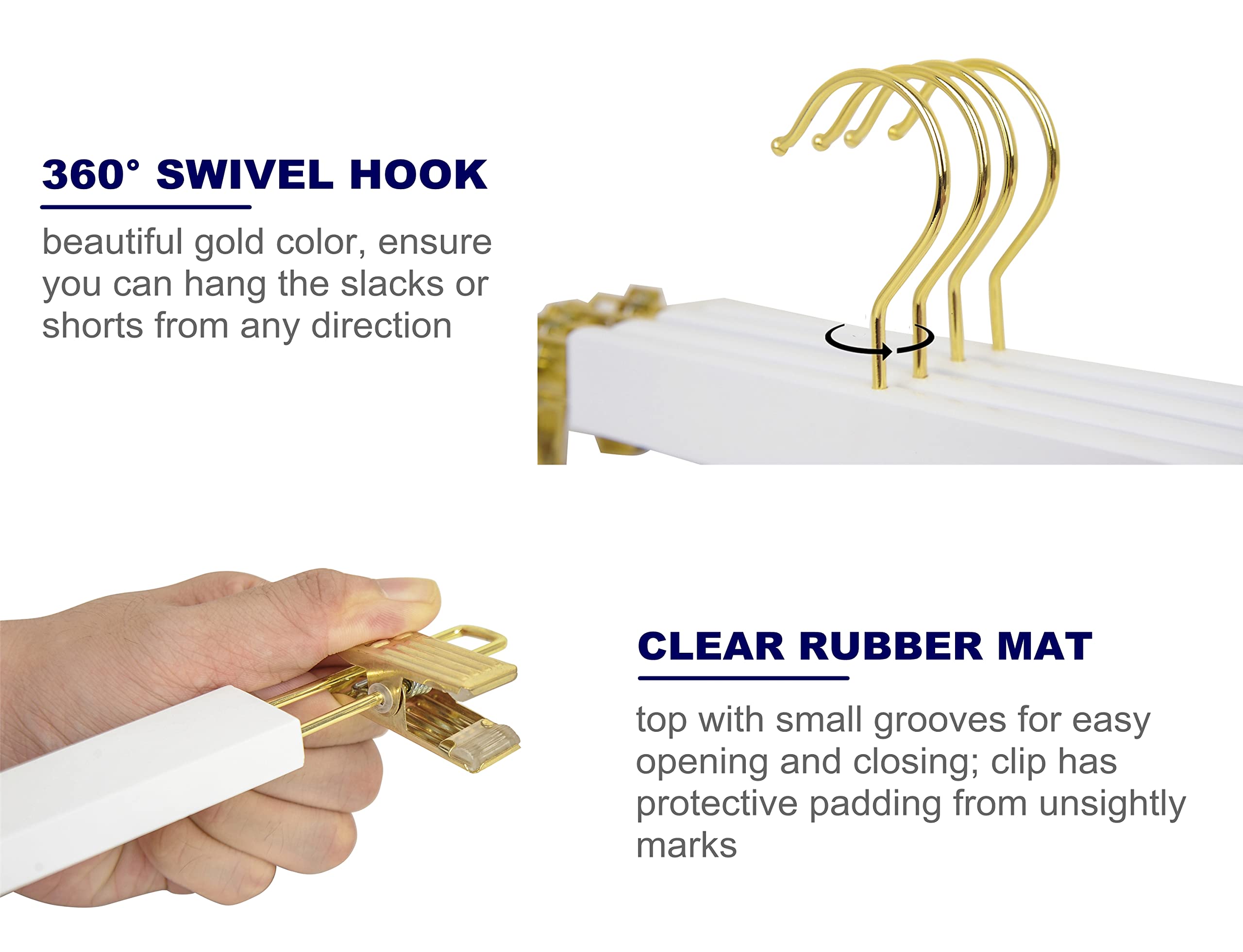 Amber Home 14.17'' Solid White Wooden Pant Skirt Hangers with Gold Hook 24 Pack  Bottom Hangers for Slacks Trousers Jeans with 2-Adjustable Gold Clips (White  24 Pack)