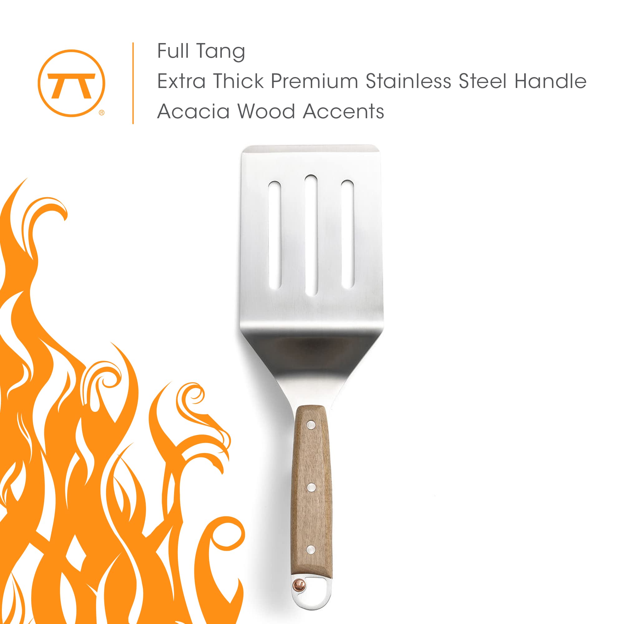 Outset Jackson Stainless Steel Slotted Grill Spatula, Acacia Wood Handle, Silver, 14.6X4.2X1.6''