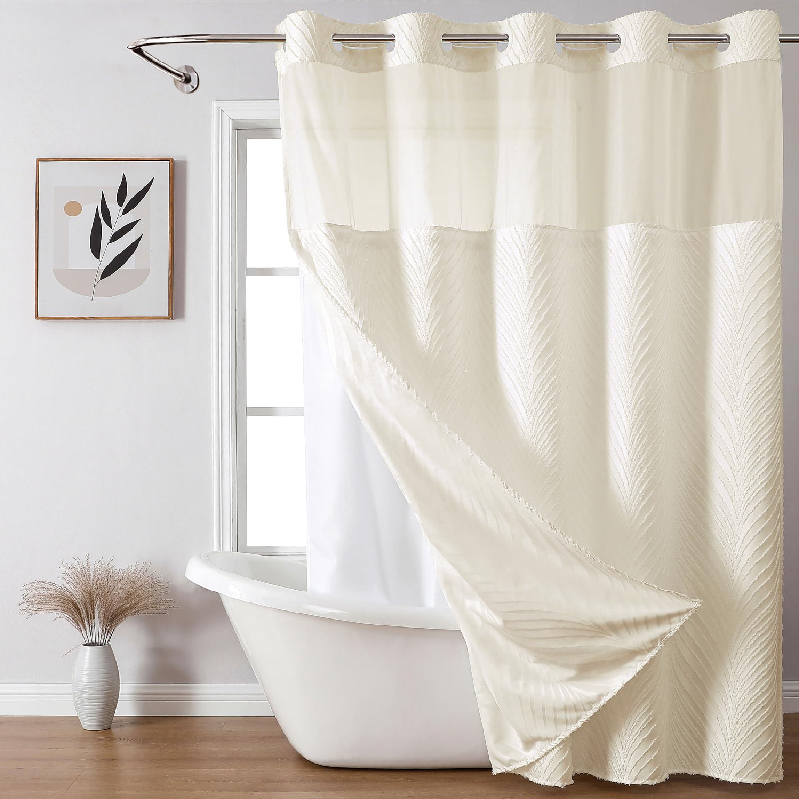 Eachope Cream No Hook Tufted Shower Curtain With Snap-In Liner For Bathroom, Boho Farmhouse Style With See Through Top Window, N