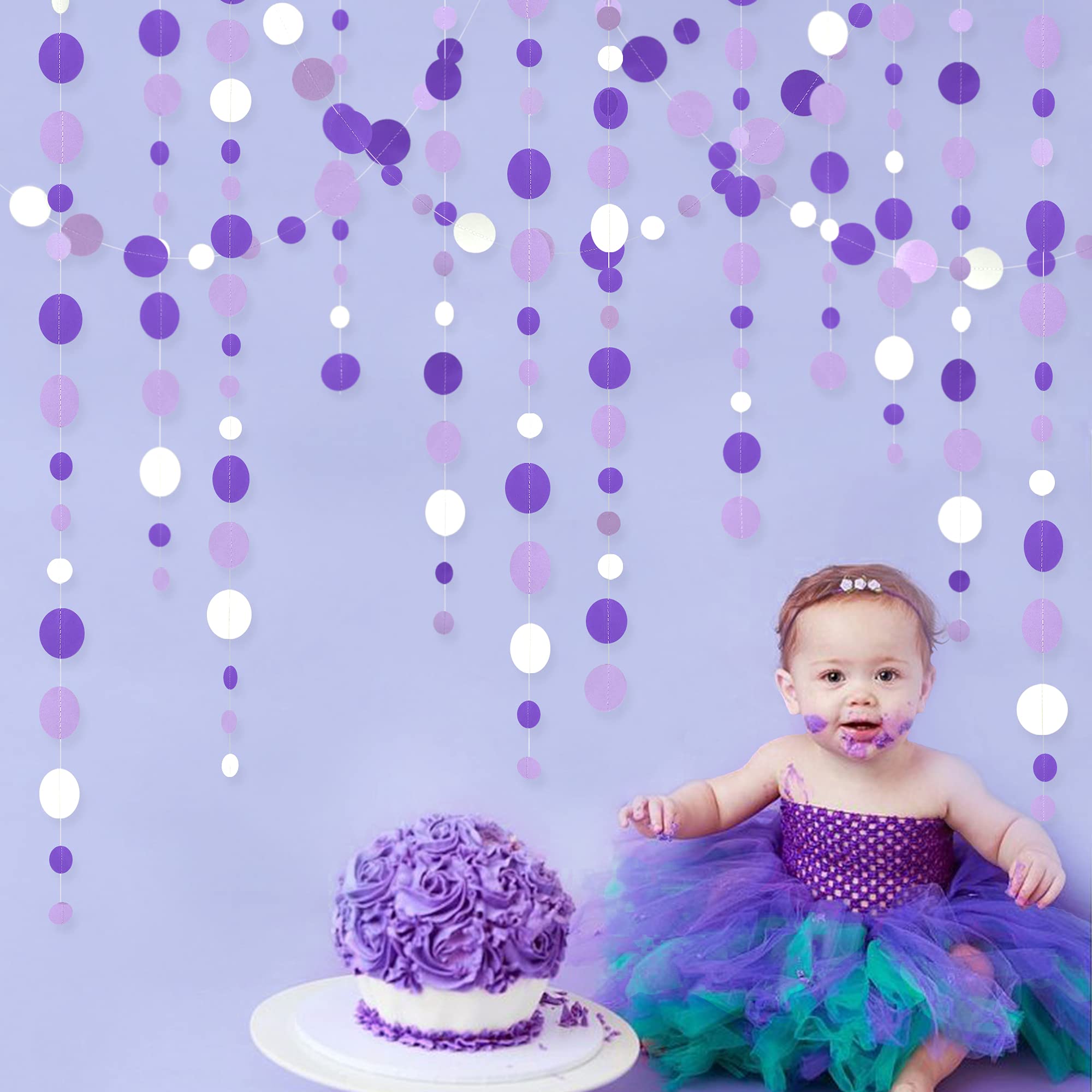 46 Ft Purple And White Circle Dots Garland Lavender Hanging Paper Polka Dot Streamer For Birthday Anniversary Engagement Wedding