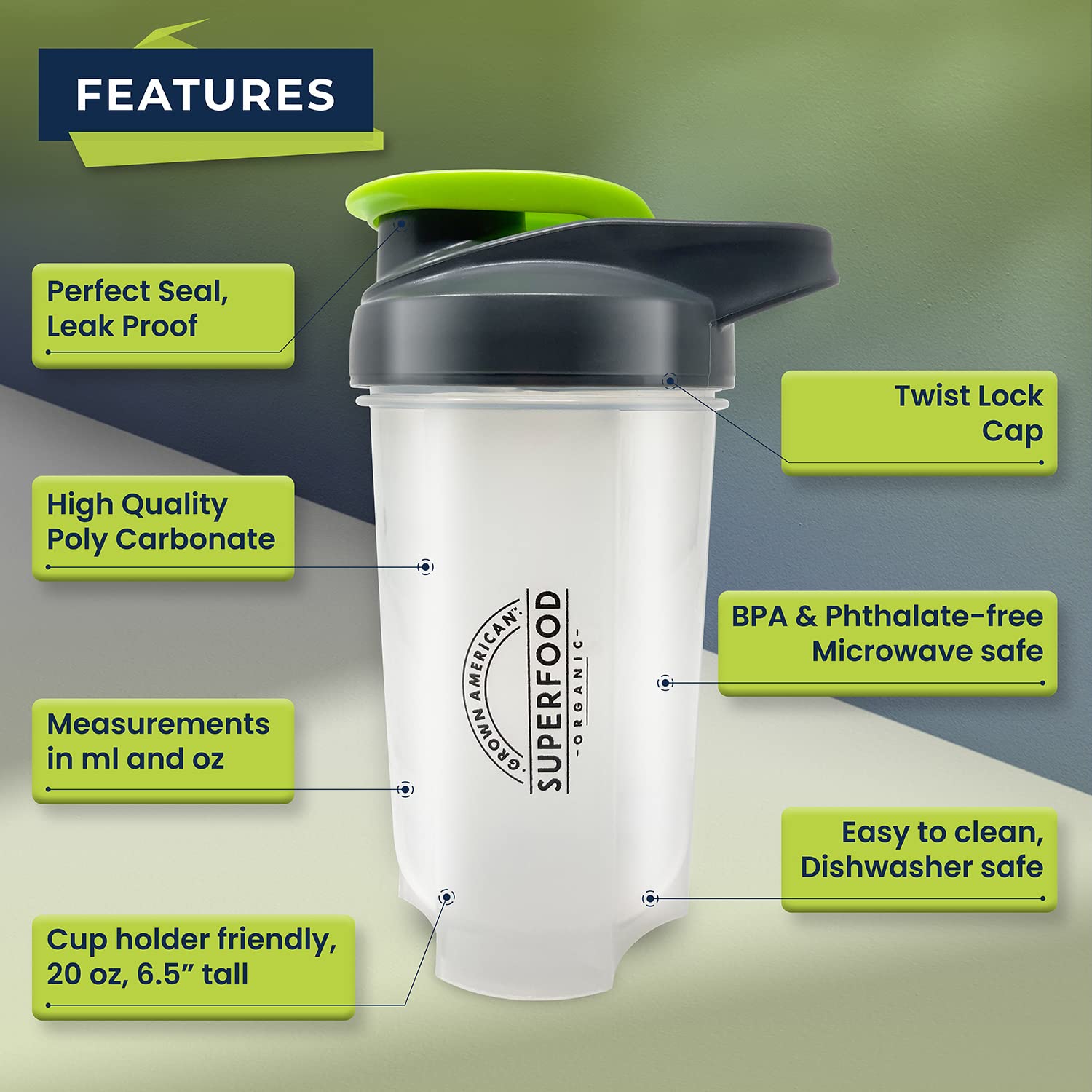 Ga Grown American Shaker Cup, 20Oz, Bpa-Free Plastic, Great For Protein Shakes & Travel