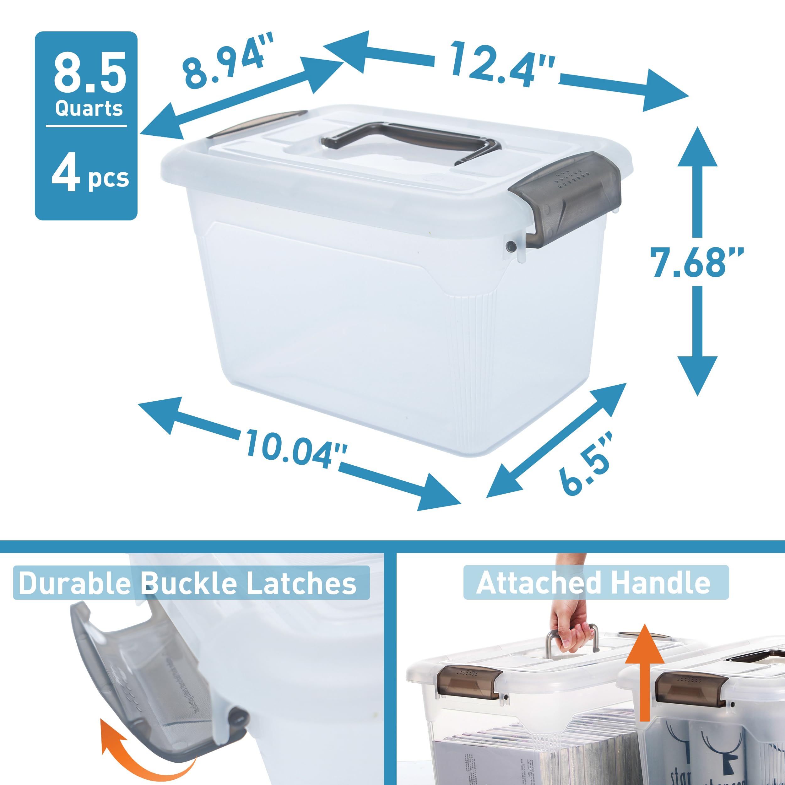 Citylife 4 Packs 8.5 Qt Storage Bins With Lids Clear Plastic Bins With Grey Handle Stackable Storage Containers For Organizing