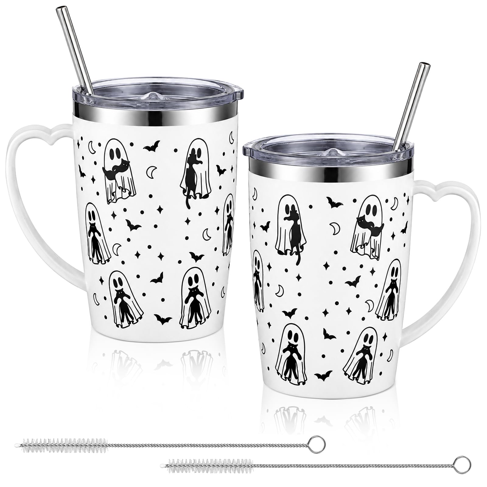 Rtteri 2 Pack Halloween Tumblers with Heart Handle 16 Oz Cute Ghost Cat Cup