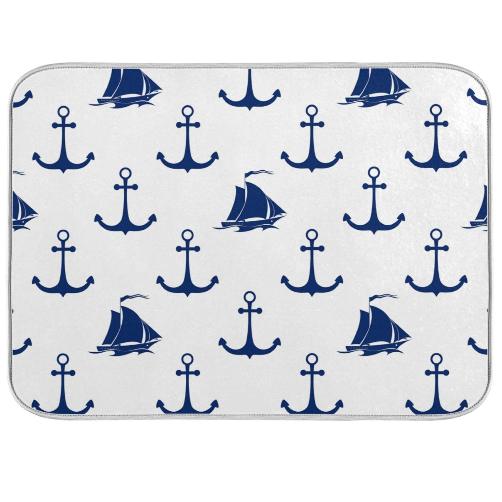 Wfrish Anchor Sailboat Pattern Dish Drying Mats Nautical Anchor Pattern Drying Mat With Hanging Loop Absorbent Dishes Drainer Pa