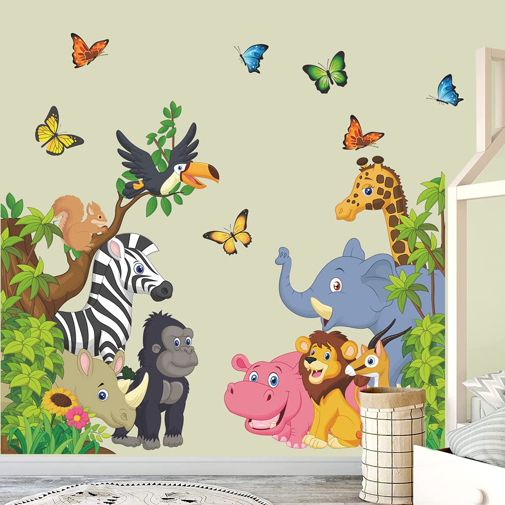 Supzone Cartoon Animal Wall Decal Jungle Animals Wall Stickers Elephant Lion Zebra Butterfly Wall Decor For Kids Baby Diy Vinyl