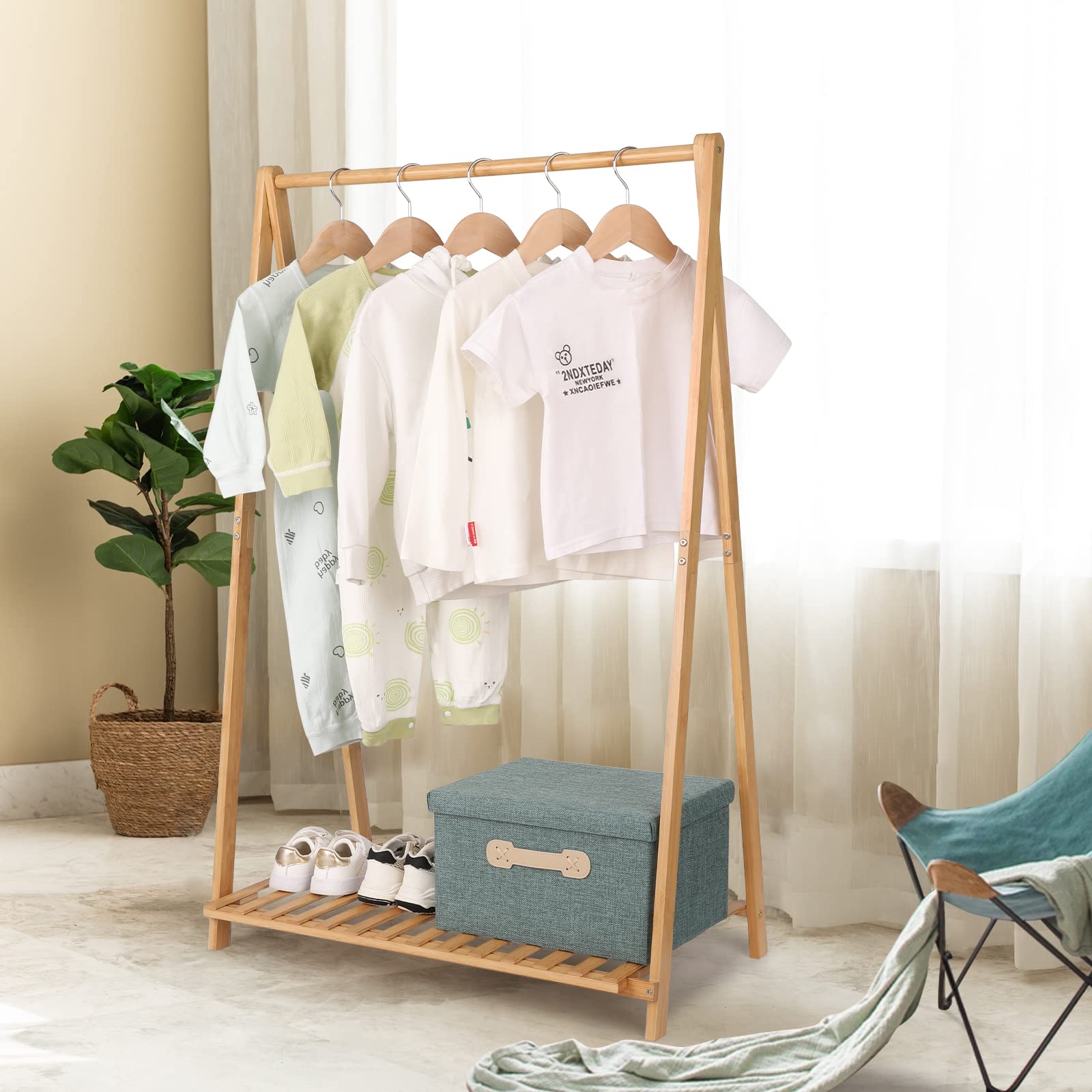 Jotsport Small Clothes Rack Kids Dress Up Storage For Playroom, Toddlers Bedroom, Bamboo Child Garment Rack With Storage Shelf,