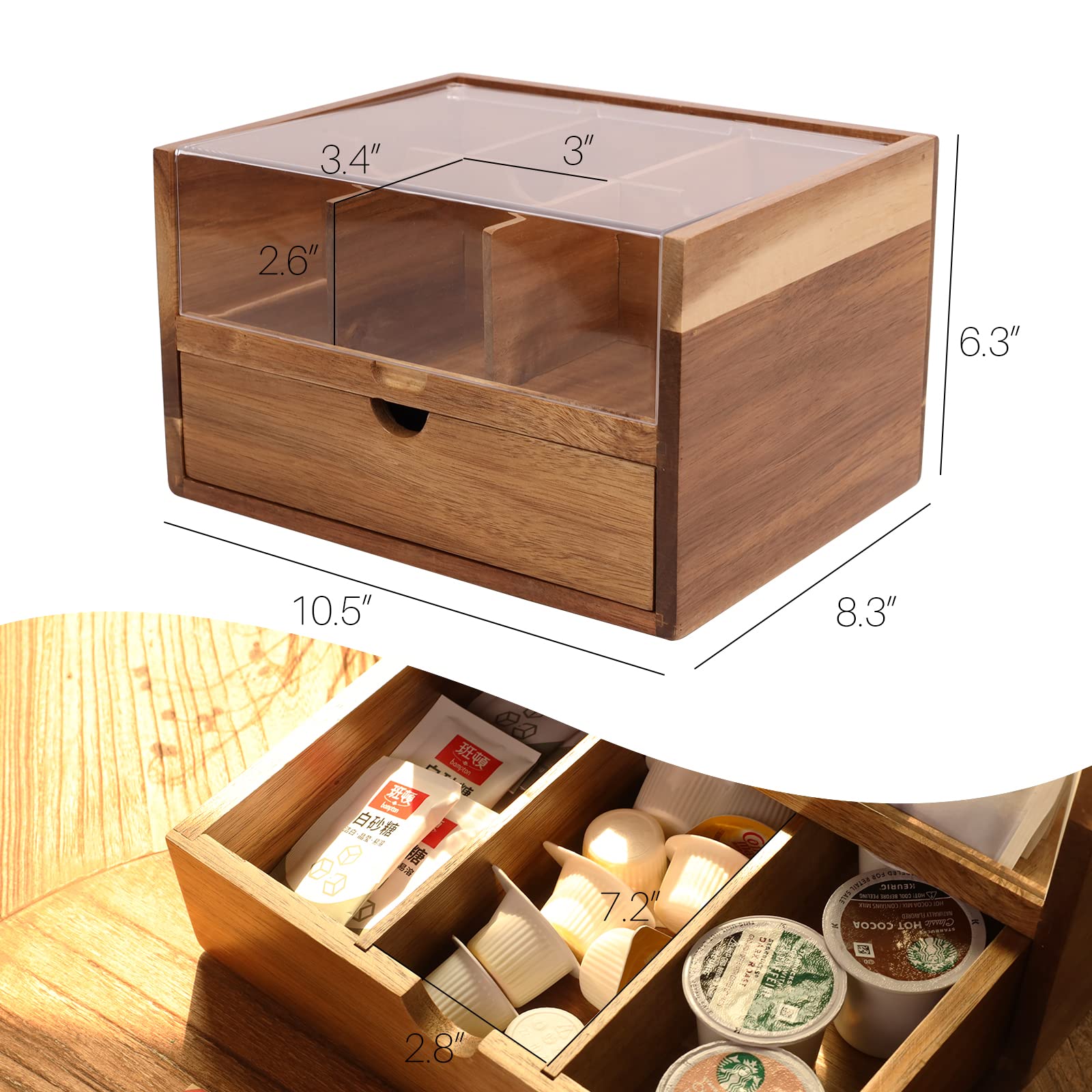 Large Tea Organizer 2 Tier With Drawer By Htb, Tea Bag Organizer With Acrylic Transparent Hinged Lid, 9 Compartments Wooden Tea