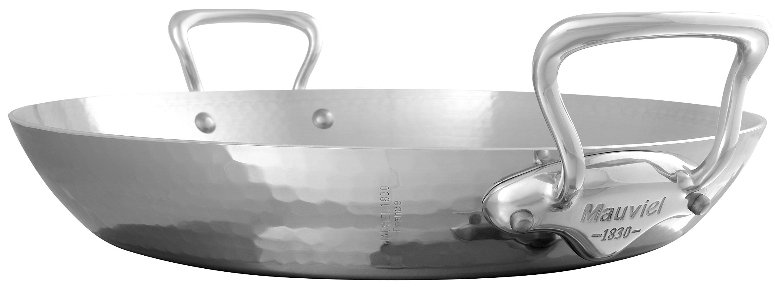 Mauviel M'Elite 5-Ply Hammered Polished Stainless Steel Paella Pan With Cast Stainless Steel Handles, 13.8-In, Made In France