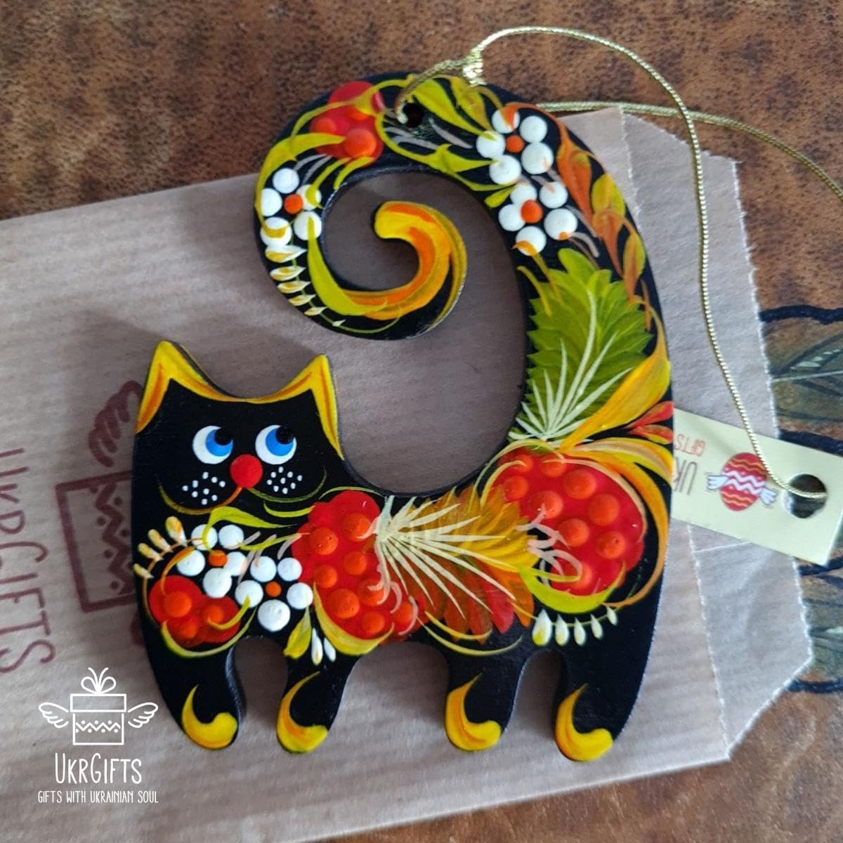 Cat Hanging Christmas tree Decoration Made of Wood Hand-painted on both sides,3,3 ? 2,8 ? 0,2 Inch | 7 ? 8,5 ? 0,5 cm Ukrainian