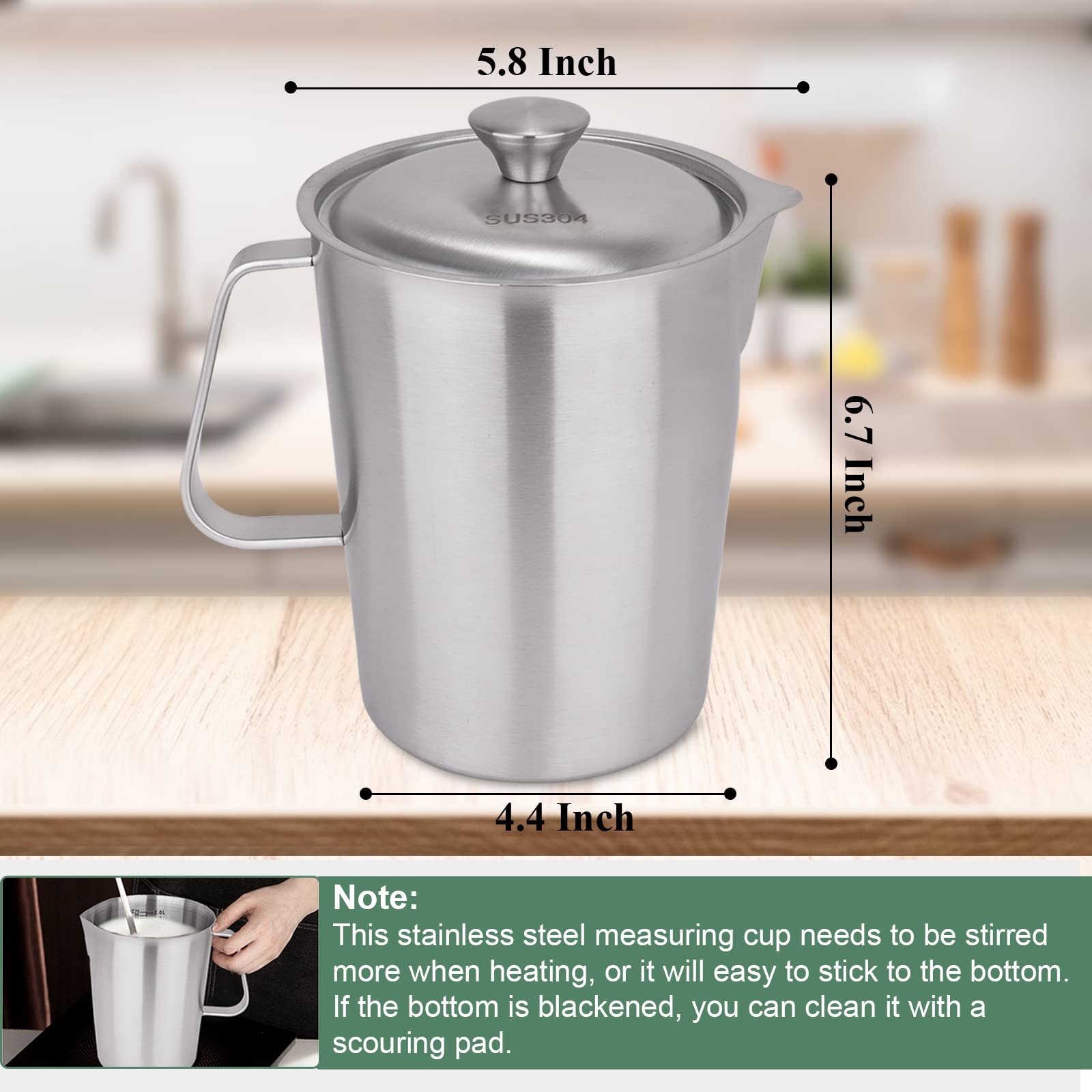 Consfly Stainless Steel Measuring Cup With Lid 2L 70 Oz, Large Mouth Graduated Beakers Metal Pitcher With Marking And Handle