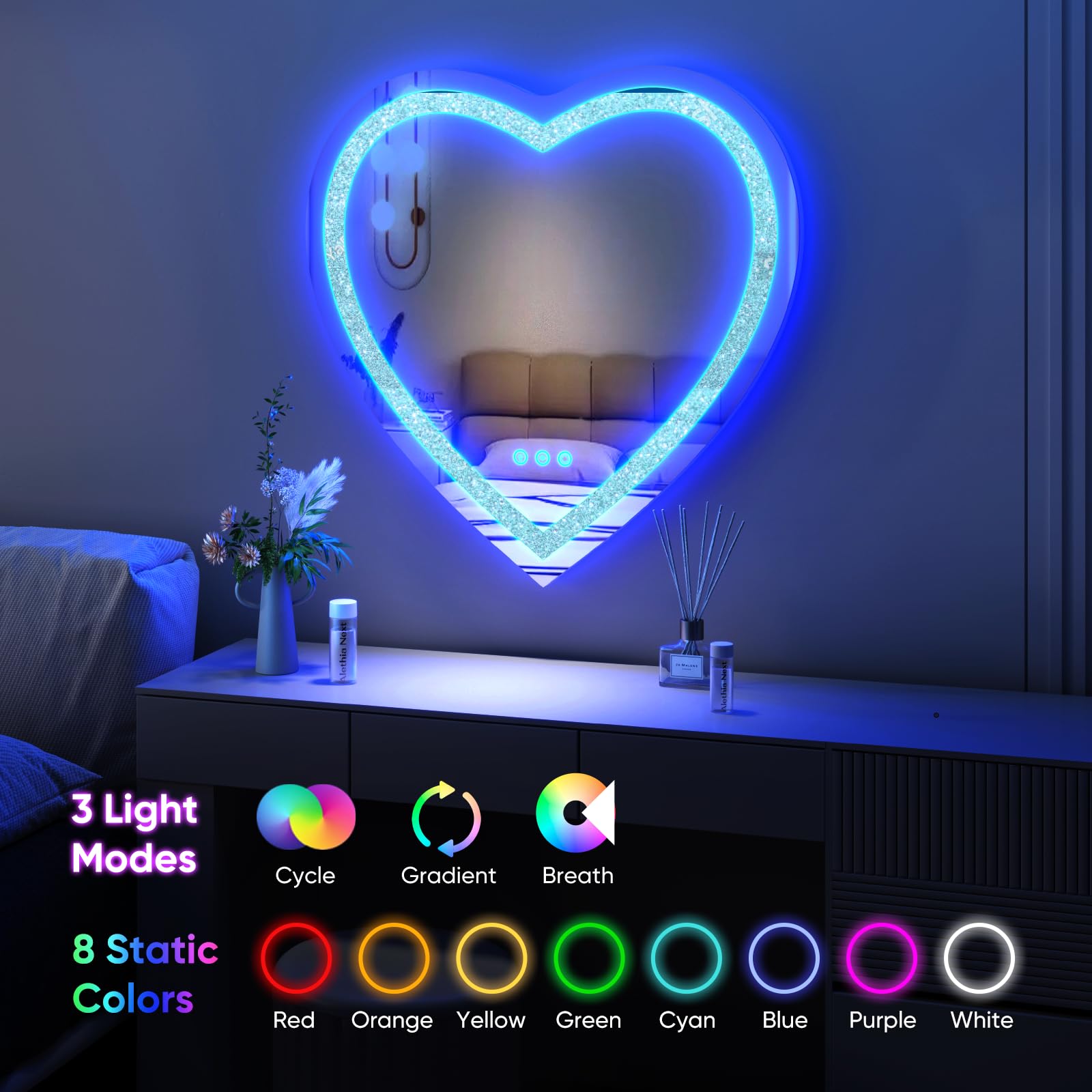 Besmirror 24''X24'' Heart Shaped Mirror Crushed Diamond, Rgbwy Led Heart Vanity Mirror With Lights, 3 Lighting Modes And 7 Stati