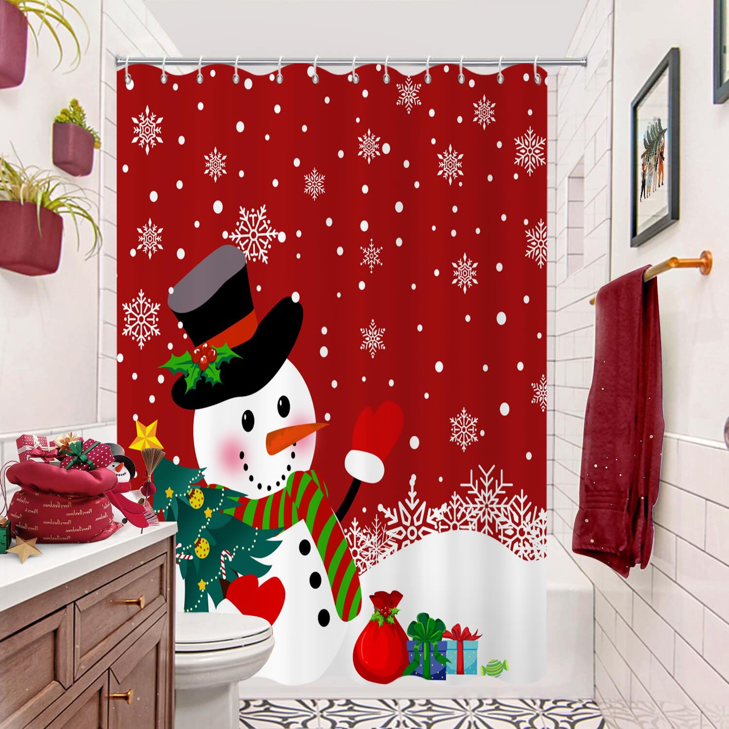 Caheansi Christmas Snowman Shower Curtain, Red Xmas Snowman Snowflake Pine Tree Winter New Year Holiday Bathroom Curtain Waterpr
