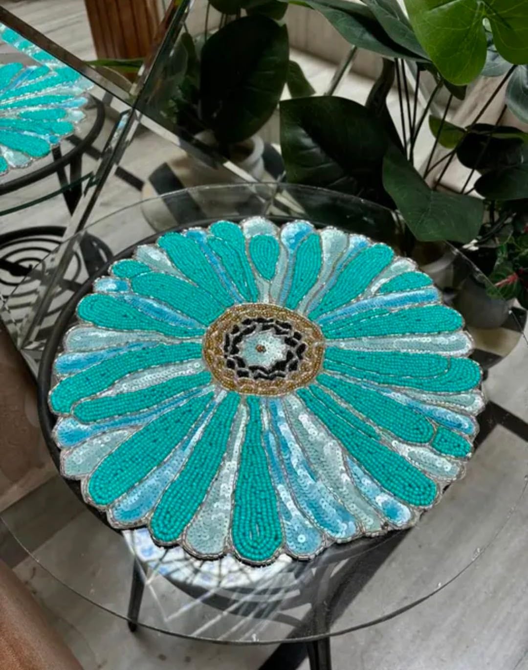 SS Handmade Design Beaded Sequin Floral Placemat Teal Blue