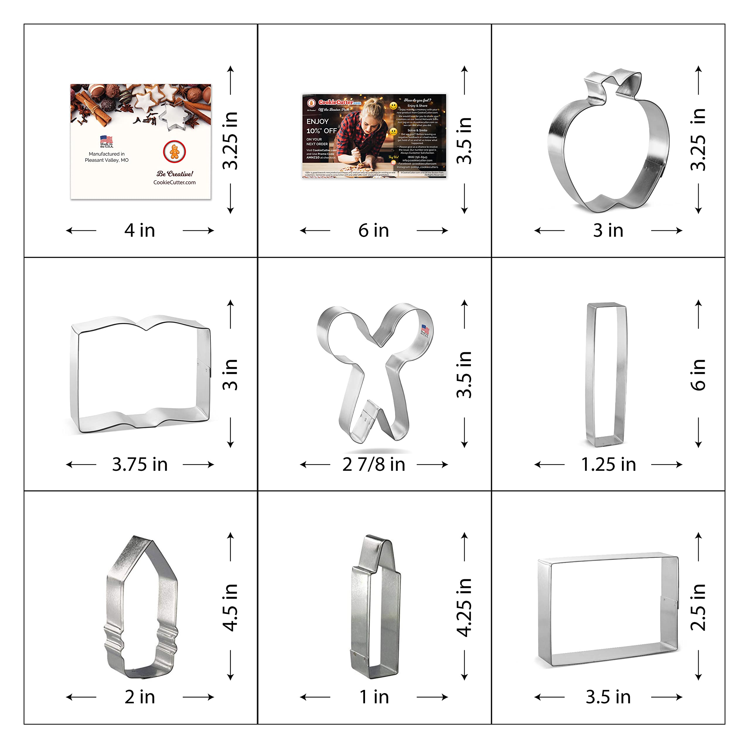 Foose Brand Back To School Teacher Appreciation Cookie Cutter 7 Pc Set -School Book, Ruler, Crayon, Scissors, Rectangle, Apple,