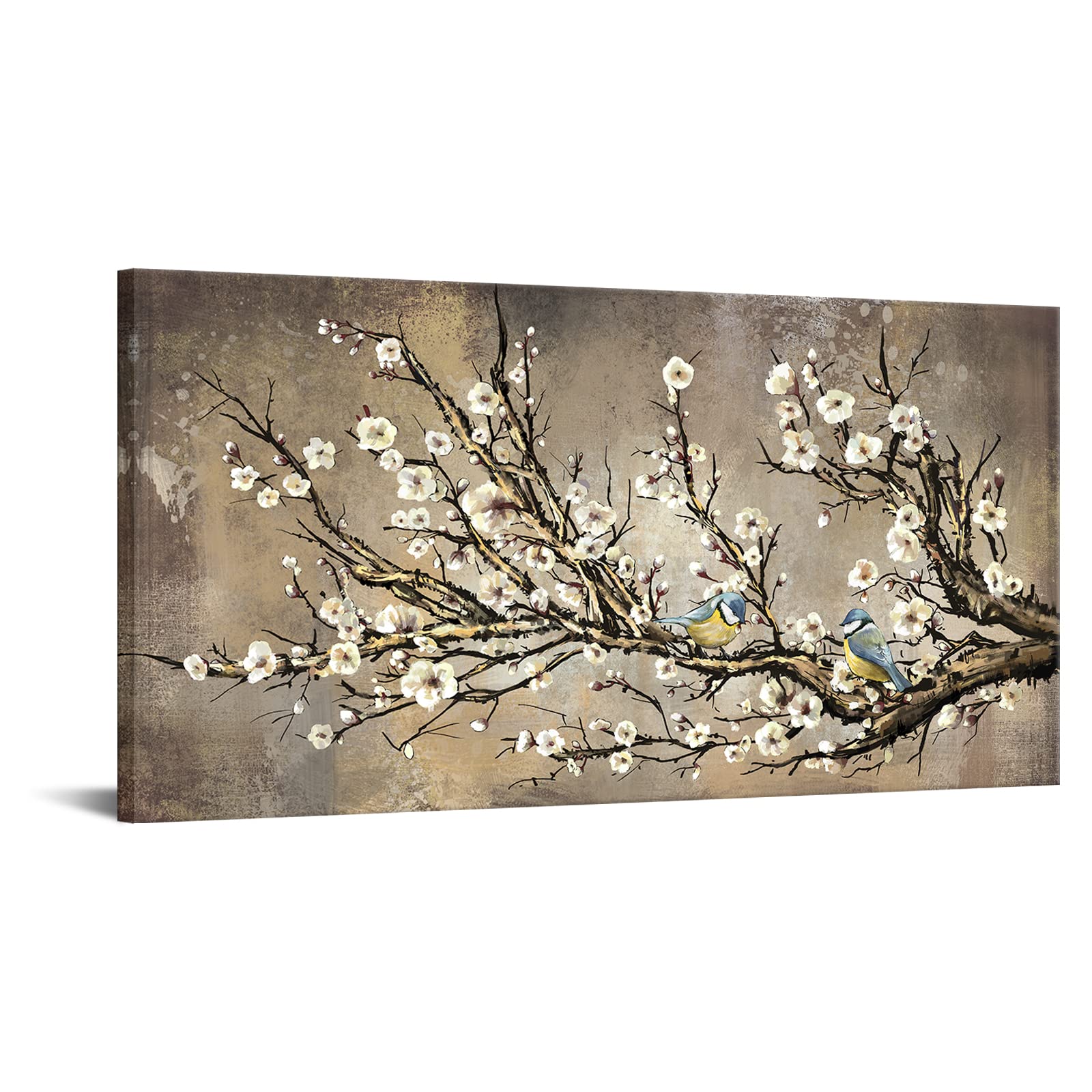 Sechars Large Plum Blossoms Flower Wall Art Canvas Vintage Brown Yellow Floral Traditional Chinese Painting Print Framed Modern