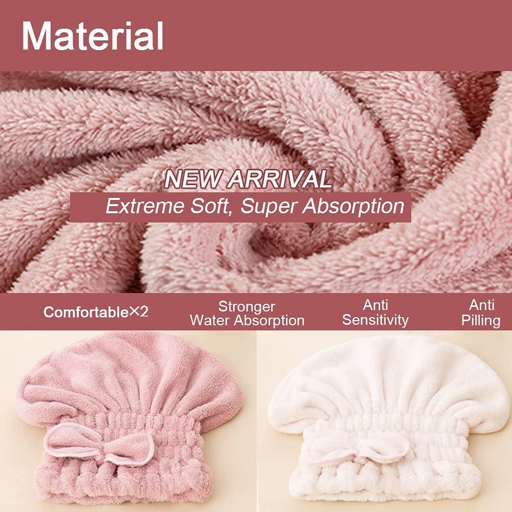 Jseng 2PC Microfiber Hair Drying Caps, Extrame Soft & Ultra Absorbent, Fast Drying Hair Turban Wrap Towels Thick Fluffy Shower C