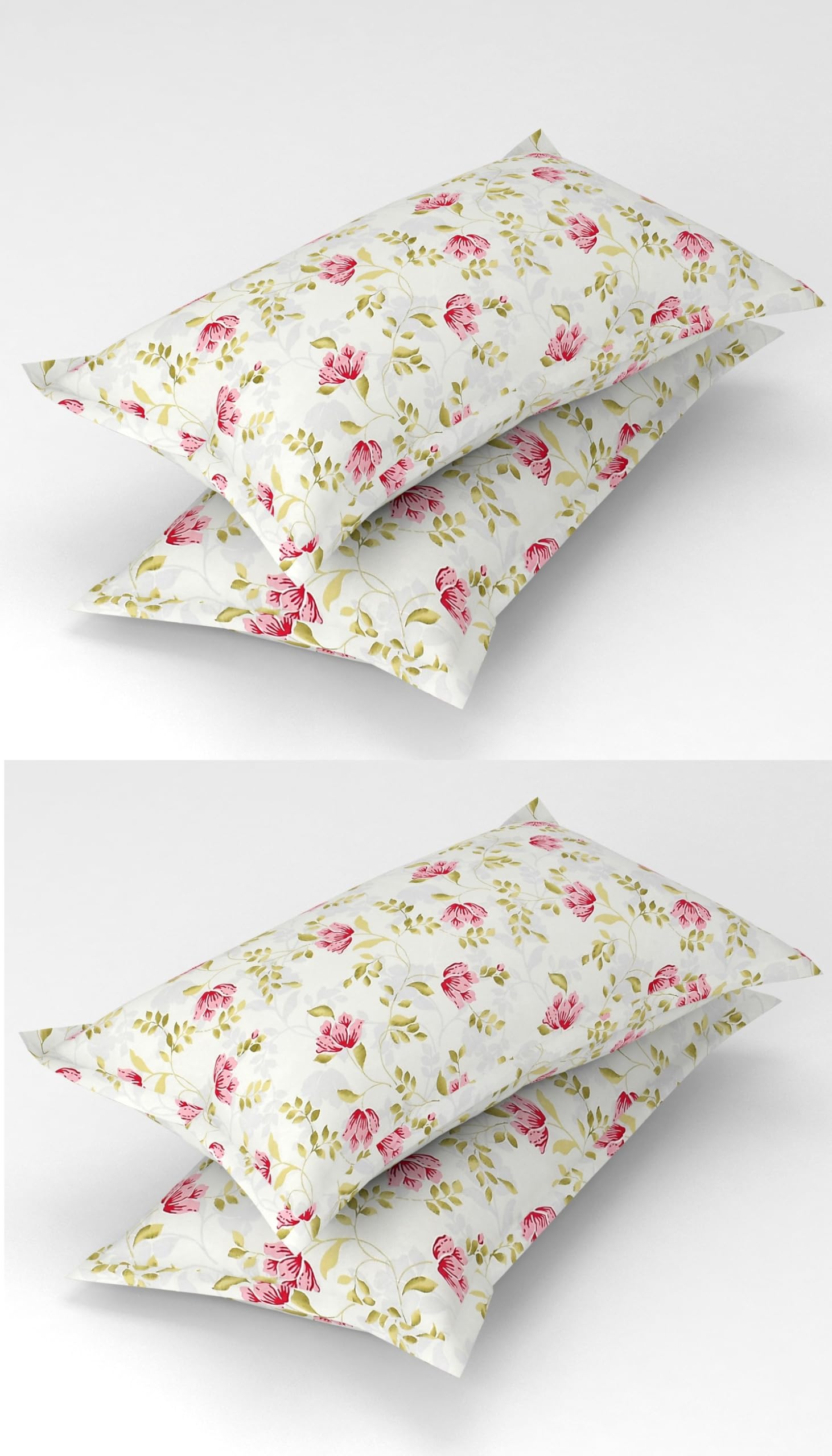 Homefab India 4 Piece Printed Glace Cotton Pillow Covers - Pink, White, Floral