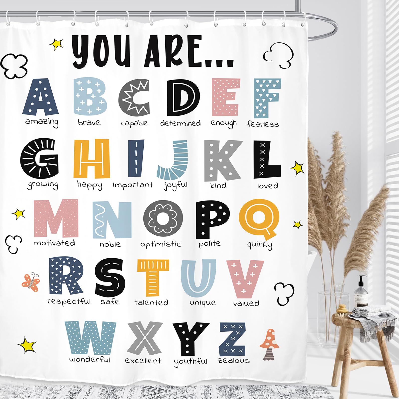 Kalmico Abc Alphabet Kids Shower Curtain 60Wx72L Inch Educational Learning Tools Study Inspirational Motivational Positive Boys