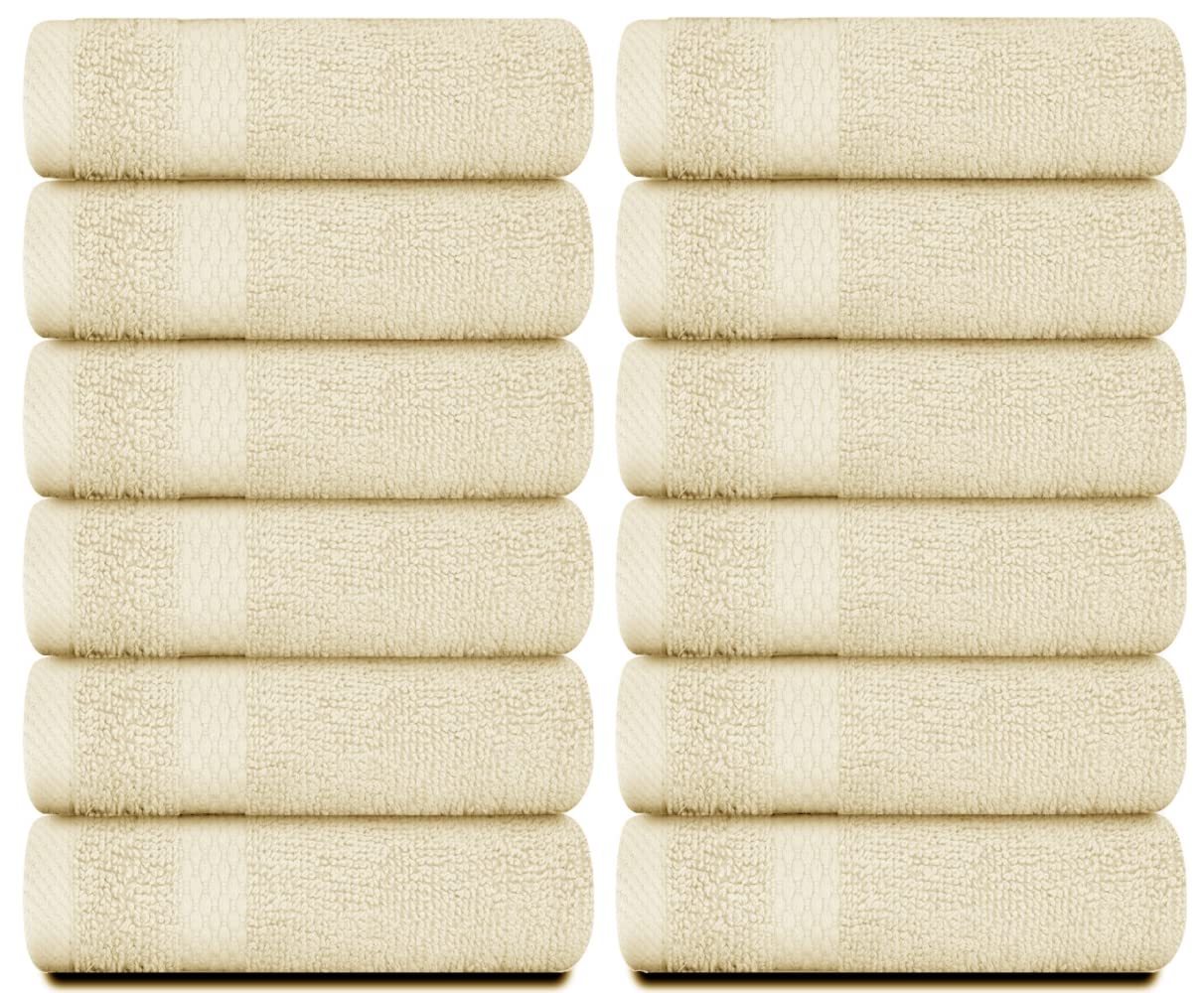 White Classic Luxury Cotton Washcloths - Large Hotel Spa Bathroom Face Towel | 12 Pack | Beige