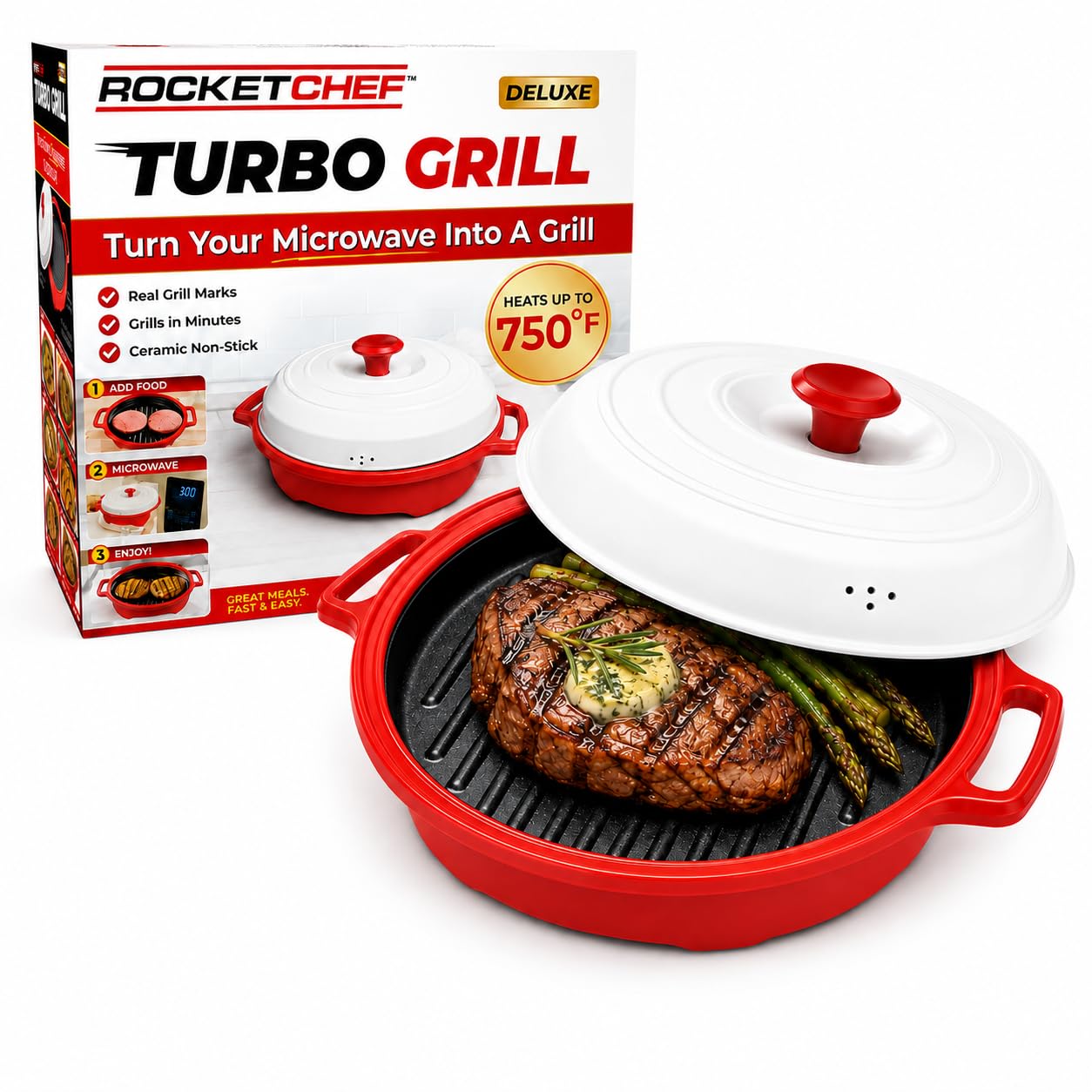 ROCKET CHEF Turbo Grill Deluxe  Microwave Grill Pan with Lid, Nonstick, Ceramic Nonstick Grill Pan with Vented Lid, Grills, Sea
