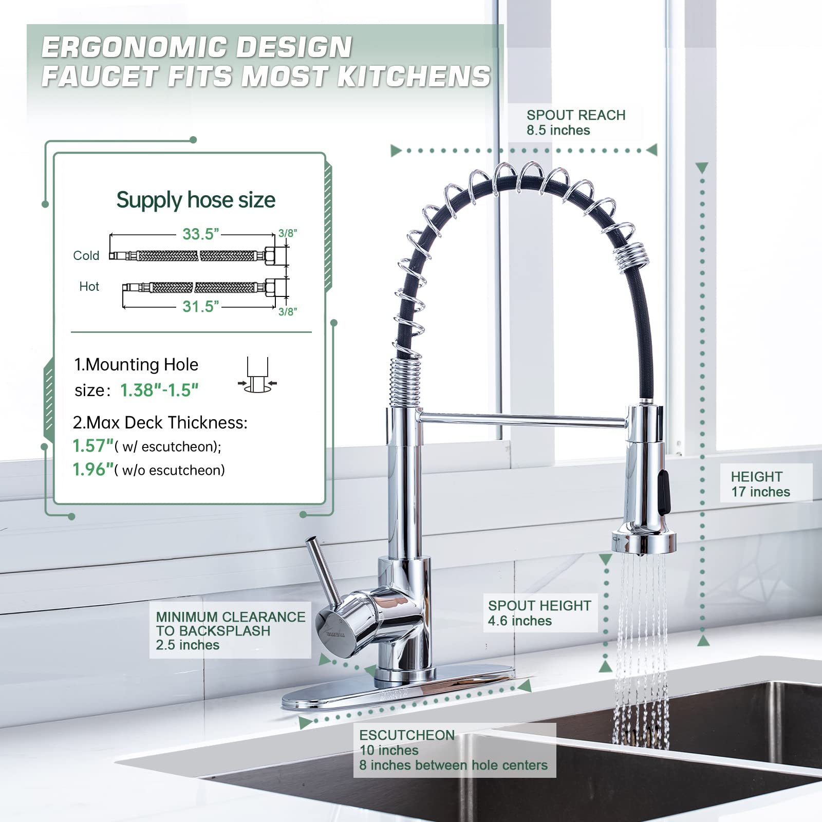 Chrome Kitchen Faucet  Faucet for Kitchen Sink with Pull Down Sprayer WEWE Kitchen Faucet with Deck Plate Stainless Steel Single Handle Spring for Farmhouse Utility Bar Laundry Sinks