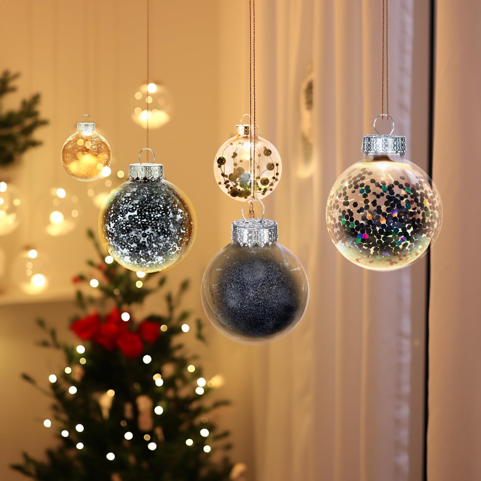 Luxtea 24ct Shatterproof Clear Christmas Ball Ornaments Decorative Xmas Baubles Delicate Balls Decorations (2.36''/60mm,Black)