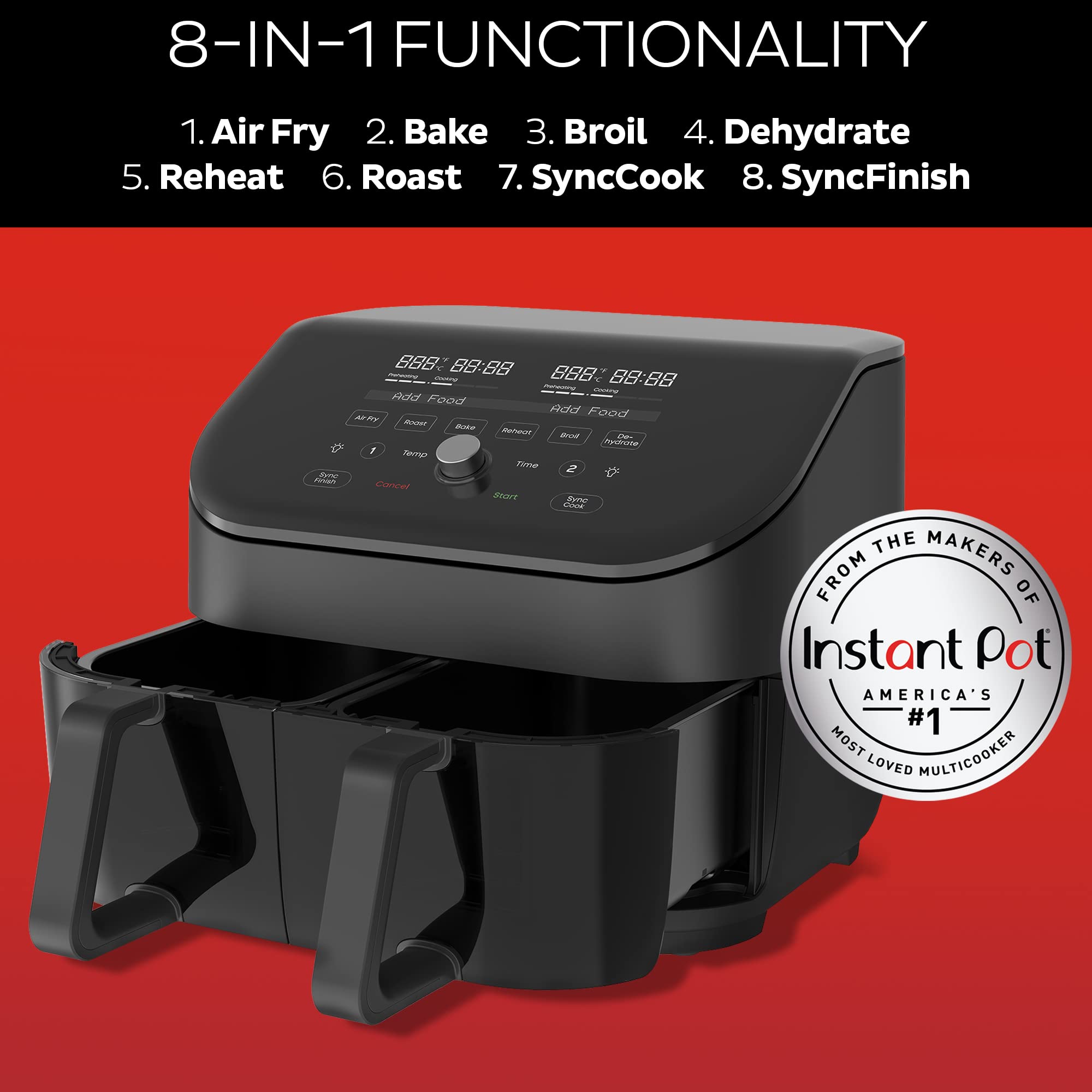 Instant Pot Vortex Plus XL Air Fryer, 8QT Dual Basket, Black, Custom Programming, 8-in-1 Functions, Model 140-3090-01