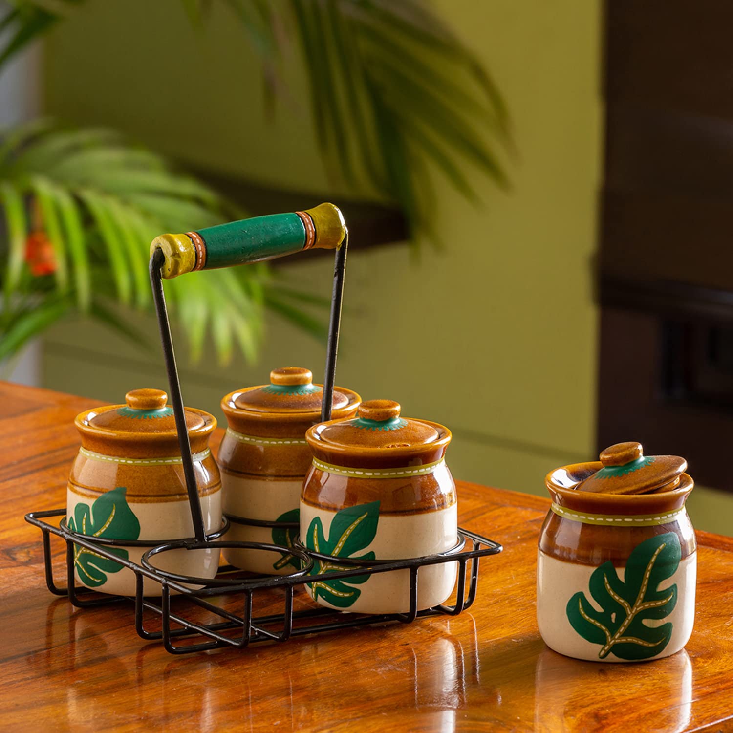 Exclusivelane Shades Of A Leaf MultiPurpose Ceramic Pickle Jars For Dining Table With Iron Holder (Set Of 4, 220 Ml) |Chutney
