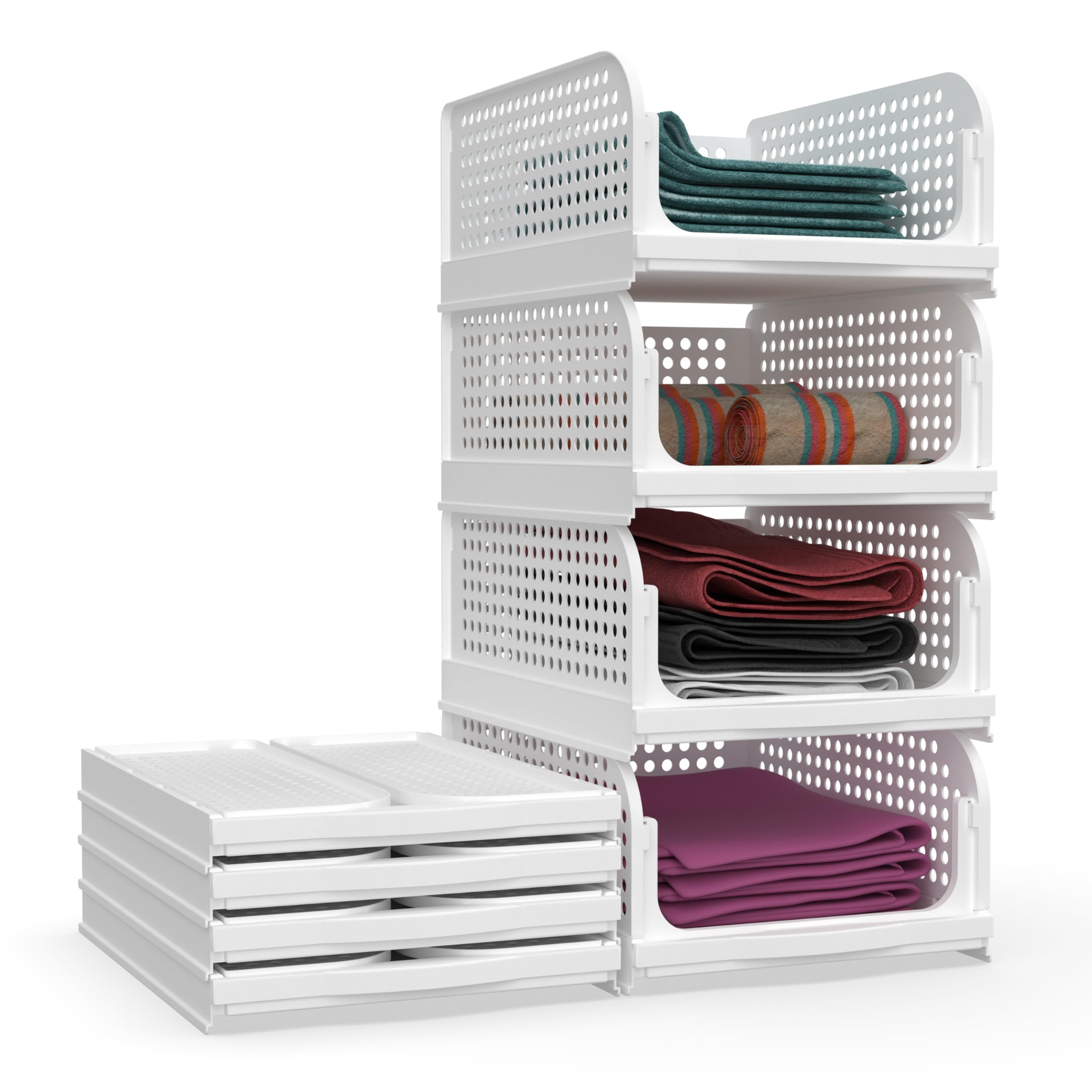 Skrill Pack Of 4 Foldable, Sliding & Stackable Plastic Wardrobe Organizer For Storage Clothes | Ideal Wardrobe Shelf Organiser F