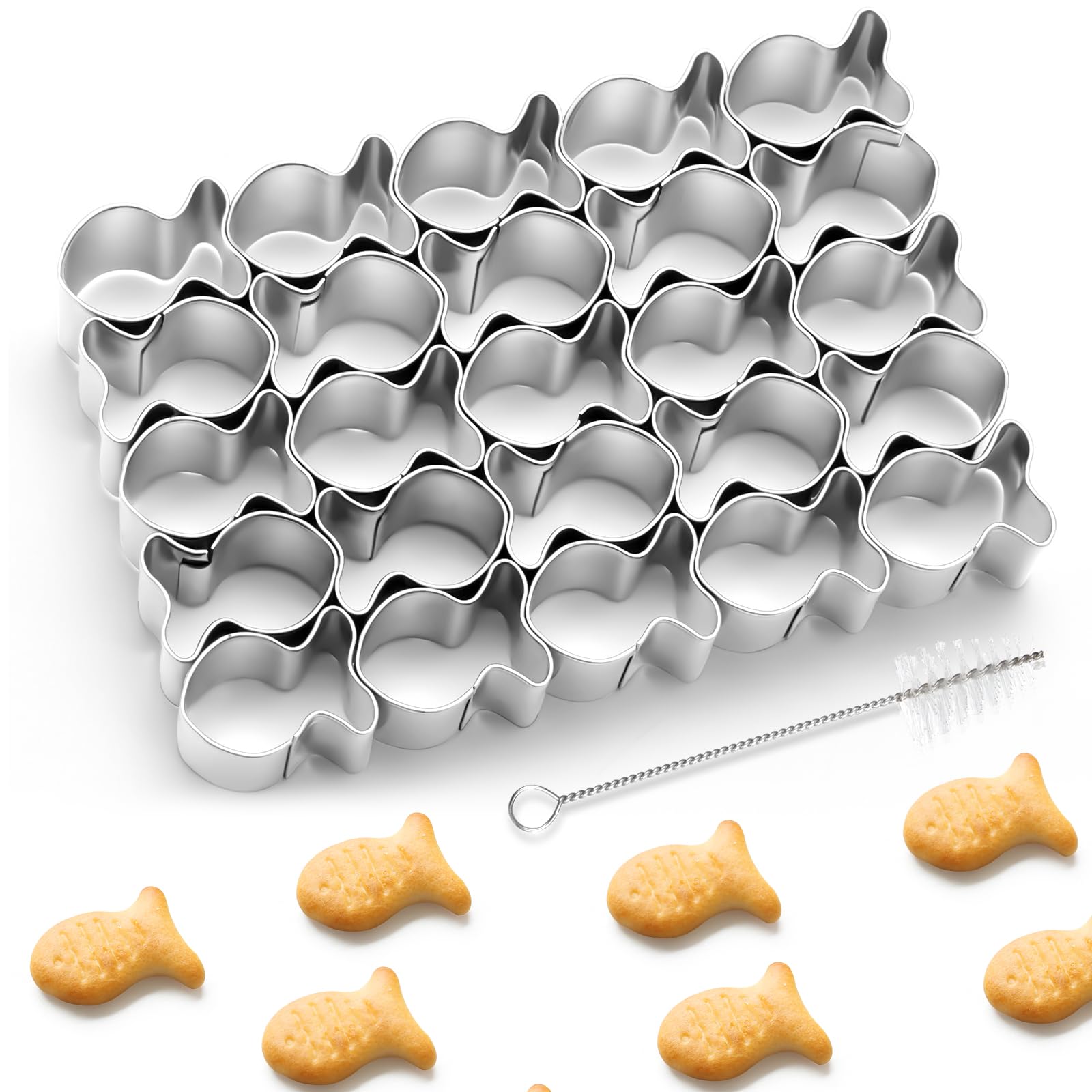 Ninehaoou Gold Fish Cracker Cutter,25 Cavity Cookie Cutter,Mini Cookie Molds with Cleaning Brush,non-stick Dough, Stainless Stee