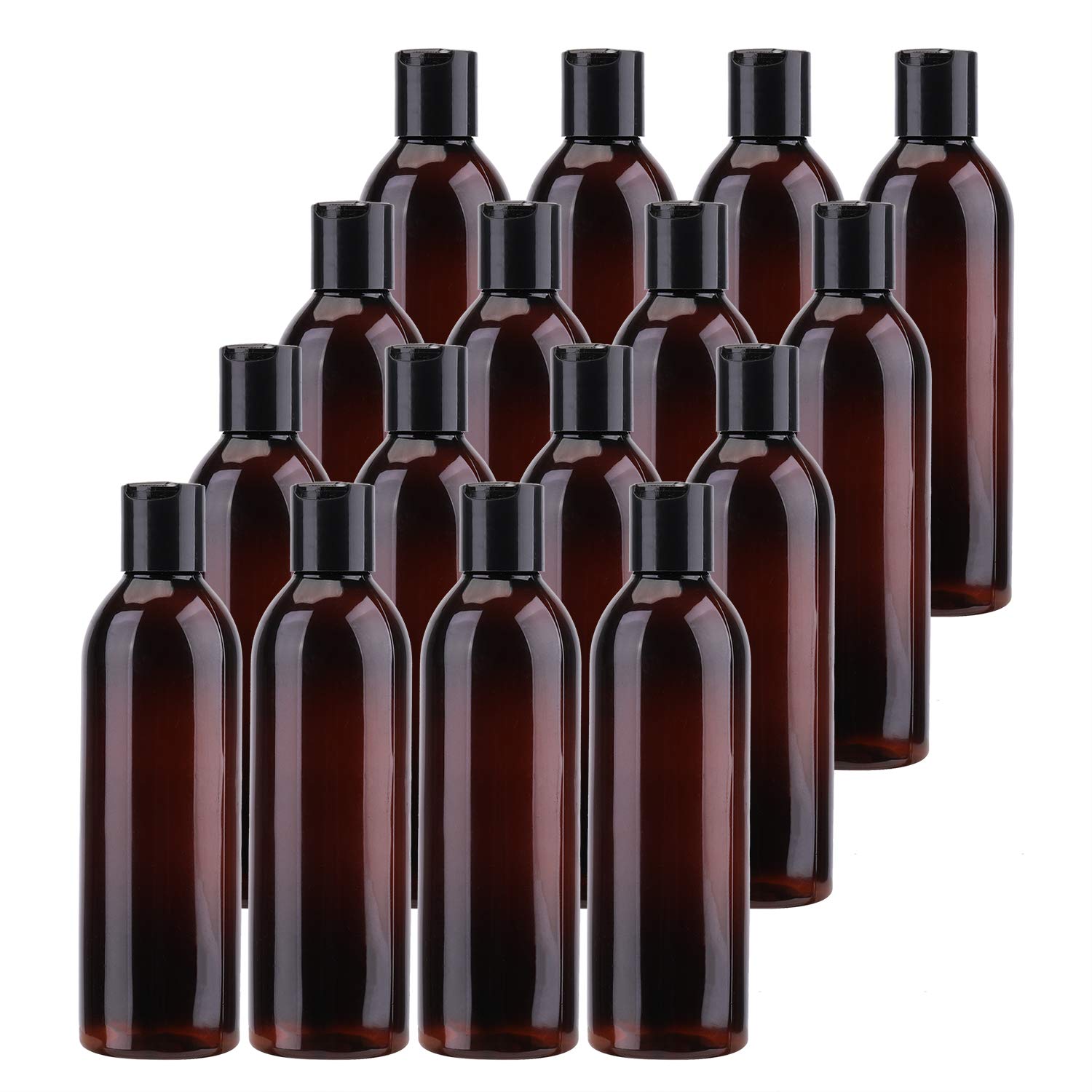 Bekith 16 Pack 8 Ounce Amber Empty Plastic Bottles With Disc Top Flip Cap; Bpa-Free Refillable Containers For Shampoo, Lotions,